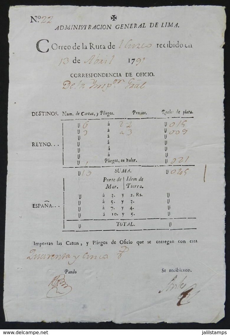 PERU: Despatch Note Sent From Lima To Cuzco On 13/AP/1791, Excellent Quality, Rare (very Old!) - Peru