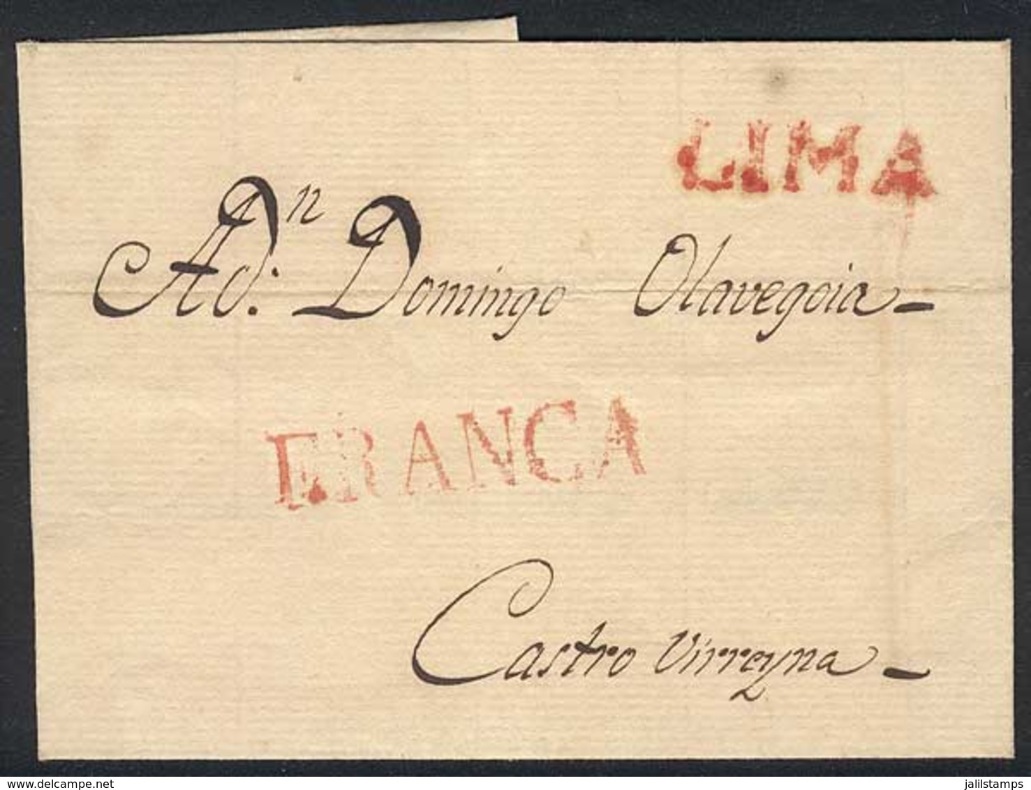 PERU: Folded Cover Sent To Castro, With Red "LIMA" And "FRANCA" Markings, Very Fine Quality!" - Peru