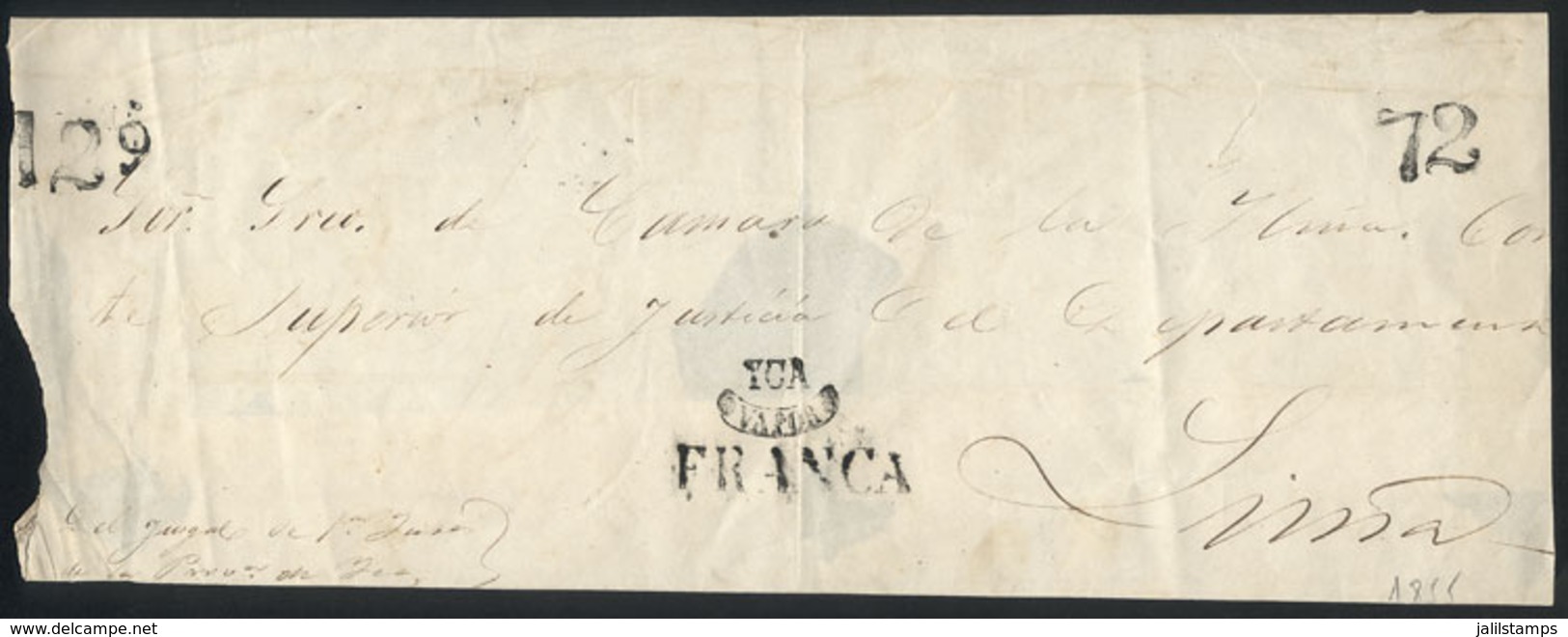 PERU: Circa 1855, Folded Cover Of A Judiciary Document (Oficio) Sent From Ica To Lima, With Postal Markings Of "YCA", "V - Peru