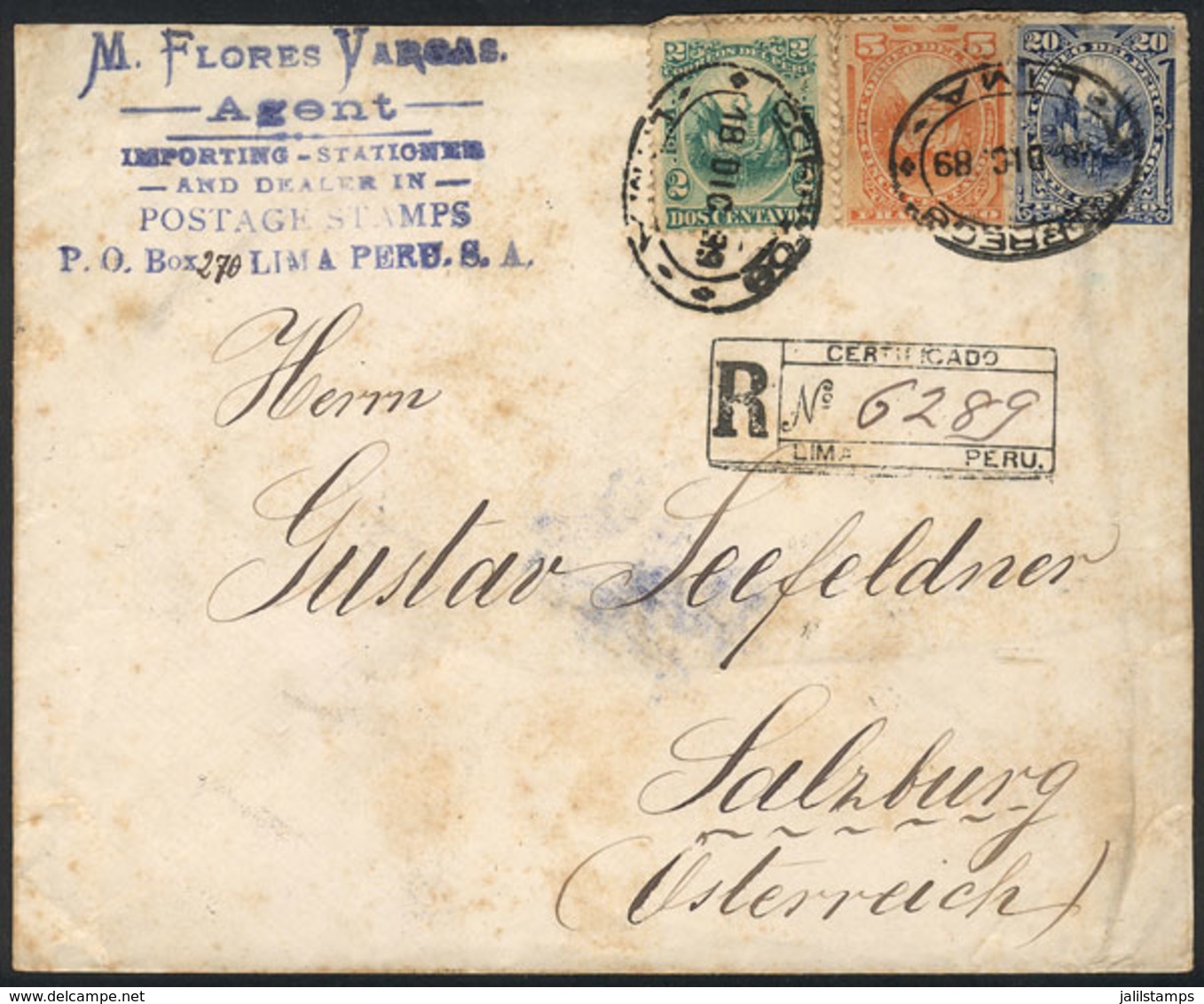 PERU: Registered Cover Sent From Lima To Austria On 18/DE/1889 Franked With 27c., It Was Sent By M. Flores Vargas Who Wa - Peru