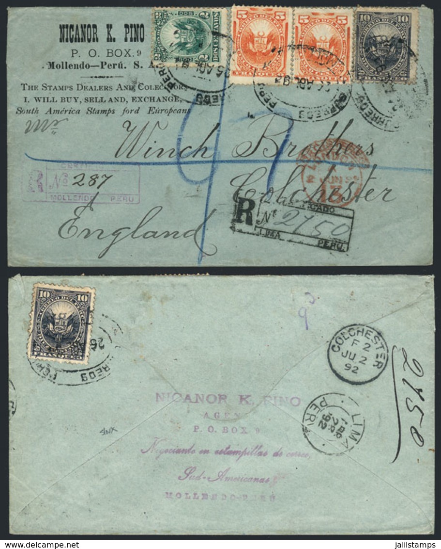 PERU: Registered Envelope Of The Stamp Dealer Nicanor K. Pino Sent From Mollendo To England On 26/AP/1892, With Nice Pos - Peru