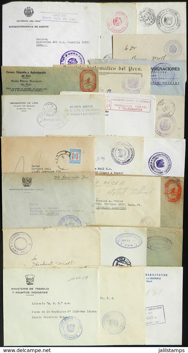 PERU: 22 Official Covers Used Between 1929 And 1960 With Various Franchises, Interesting Marks, Some Applied On Back (mo - Peru