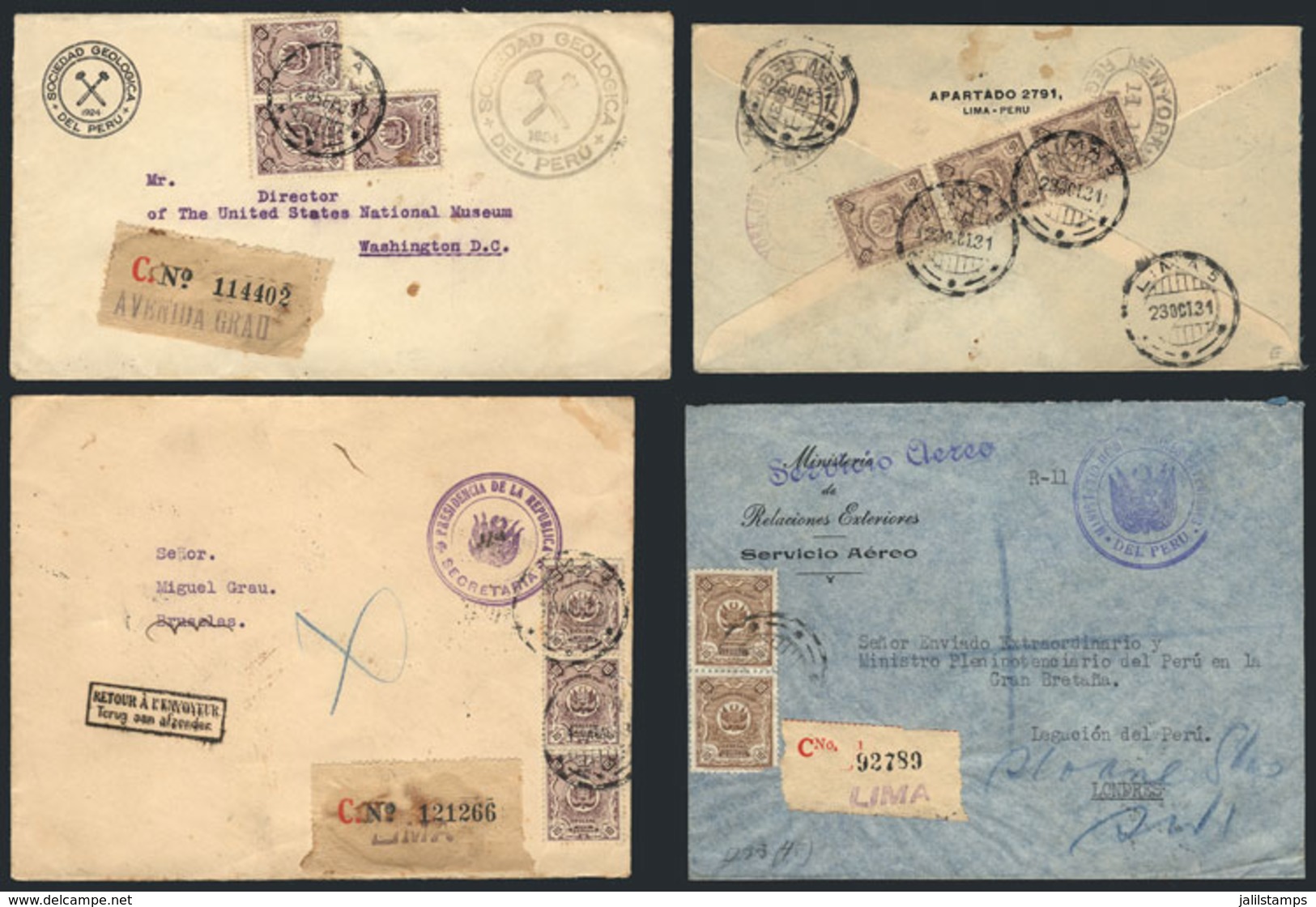 PERU: 4 Official Covers Franked With Official Stamps, Sent Overseas Between 1931 And 1937, VF Quality, Very Interesting! - Peru