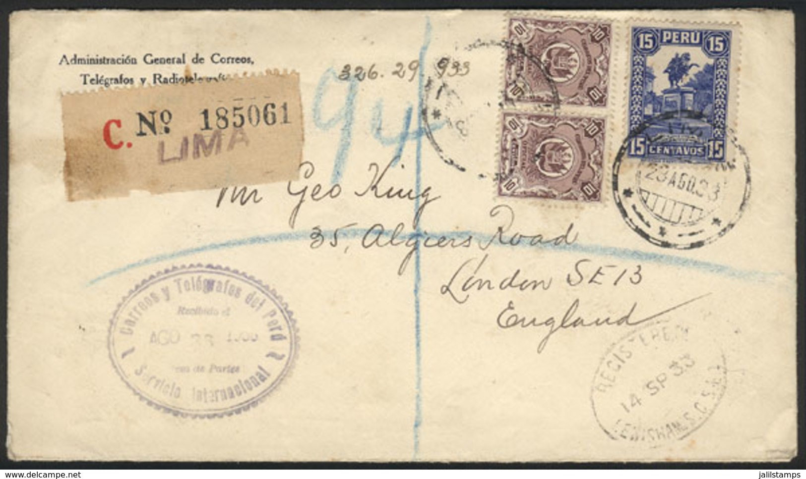 PERU: Registered Cover Of The General Post Office Administration, Sent To England On 23/AU/1933 With Mixed Postage For 3 - Peru
