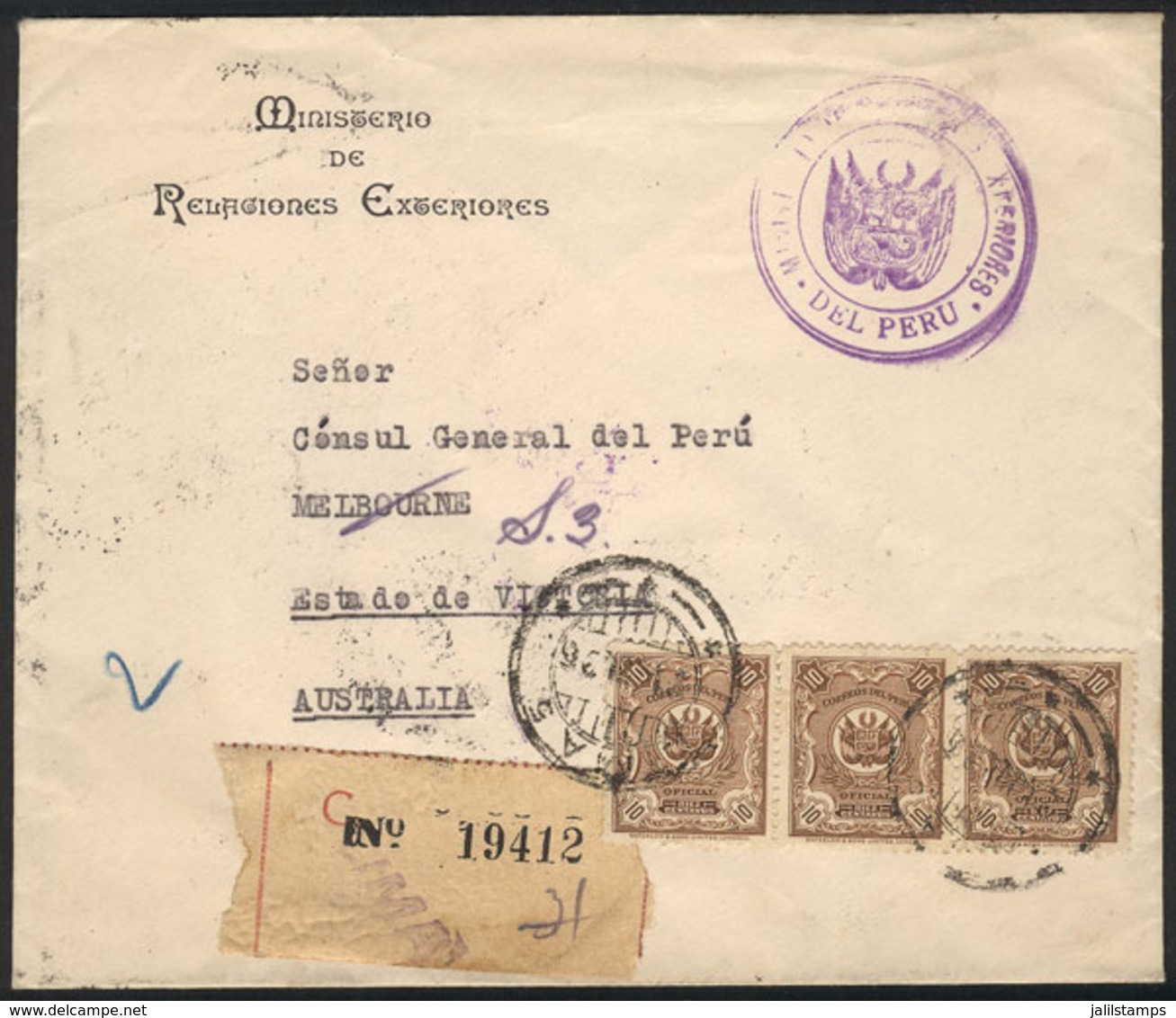 PERU: Official Cover Franked With Official Stamps (10c. In Strip Of 3), Sent By Registered Mail From Lima To AUSTRALIA O - Peru