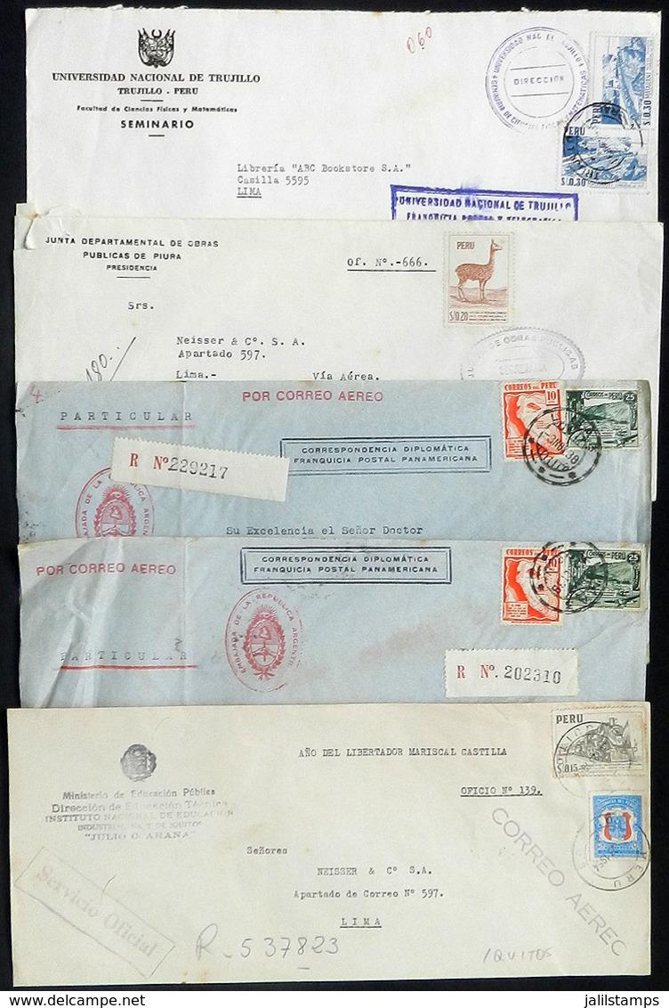 PERU: 5 Official Covers Posted Between 1938 And 1965 With Various Postal Franchises, All With Affixed Postage Stamps Pay - Peru