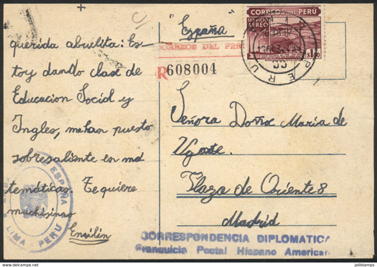PERU: Postcard Sent From The Spanish Embassy In Lima To Madrid On 2/SE/1953, With Latin-American Postal Franchise For Di - Peru