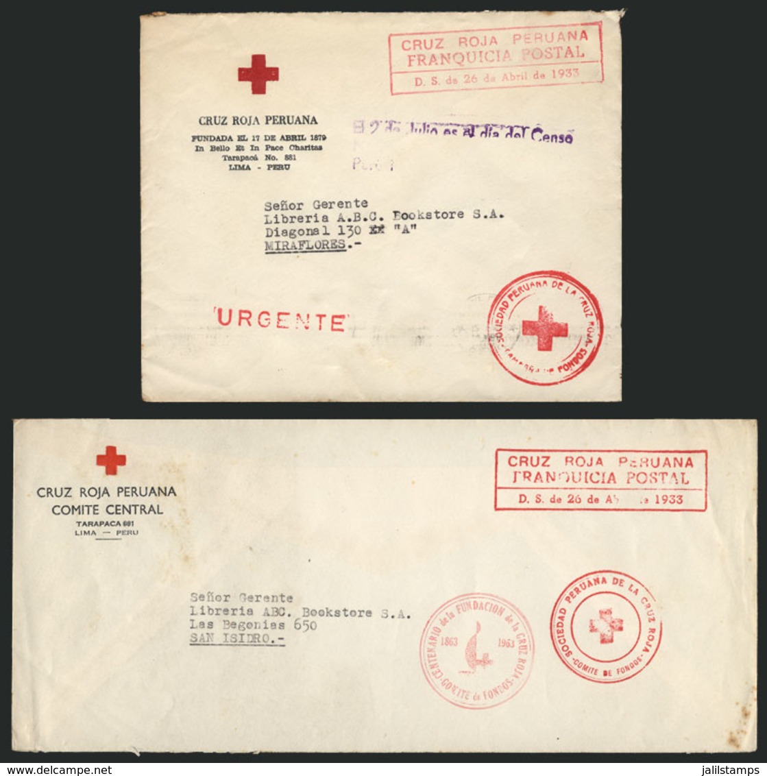 PERU: 2 Covers Of The Peruvian RED CROSS Used Stampless In 1961 And 1963, With FREE FRANK Marks, VF Quality! - Peru