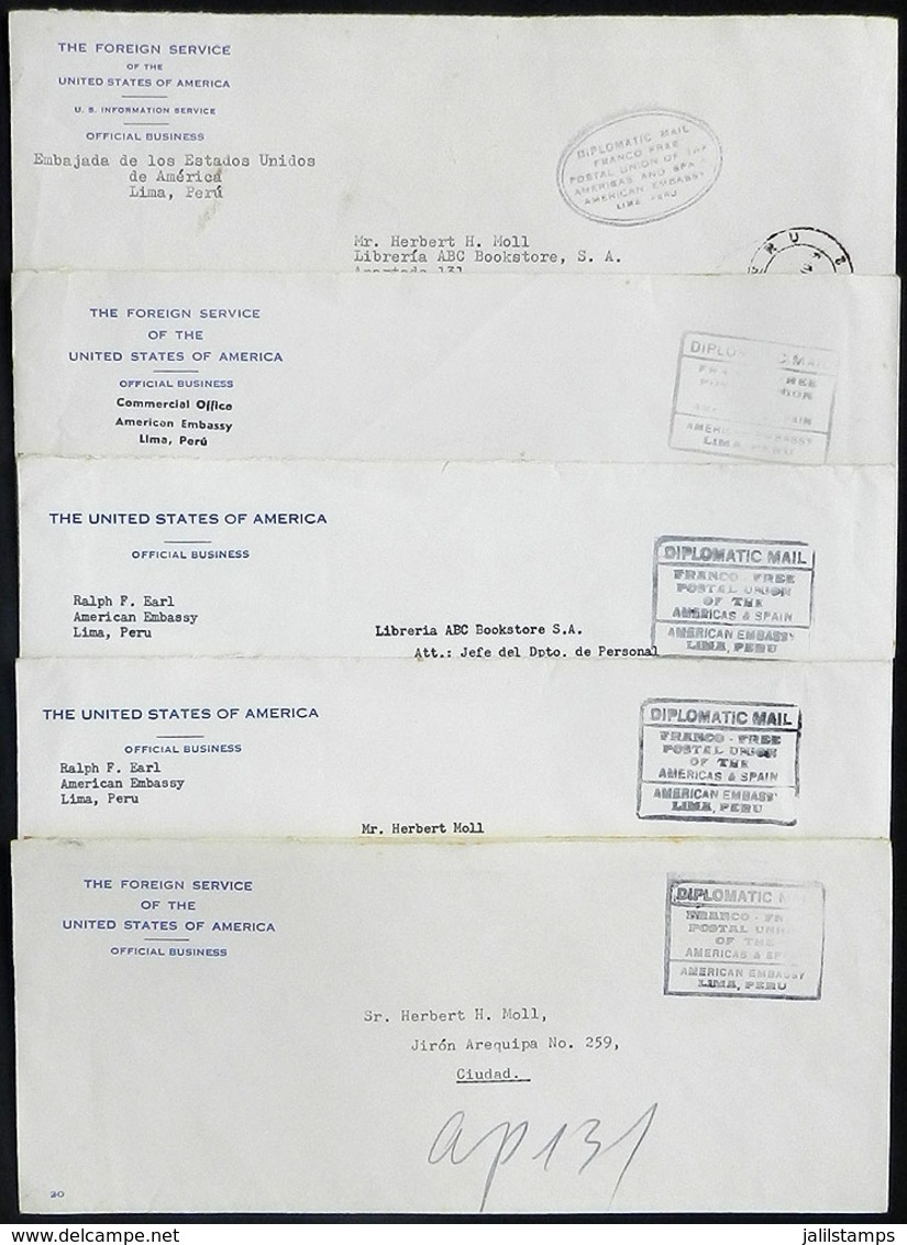 PERU: 5 Covers Sent By The Embassy Of USA In Lima, Stampless, With Panamerican Postal Franchise, VF Quality! - Peru