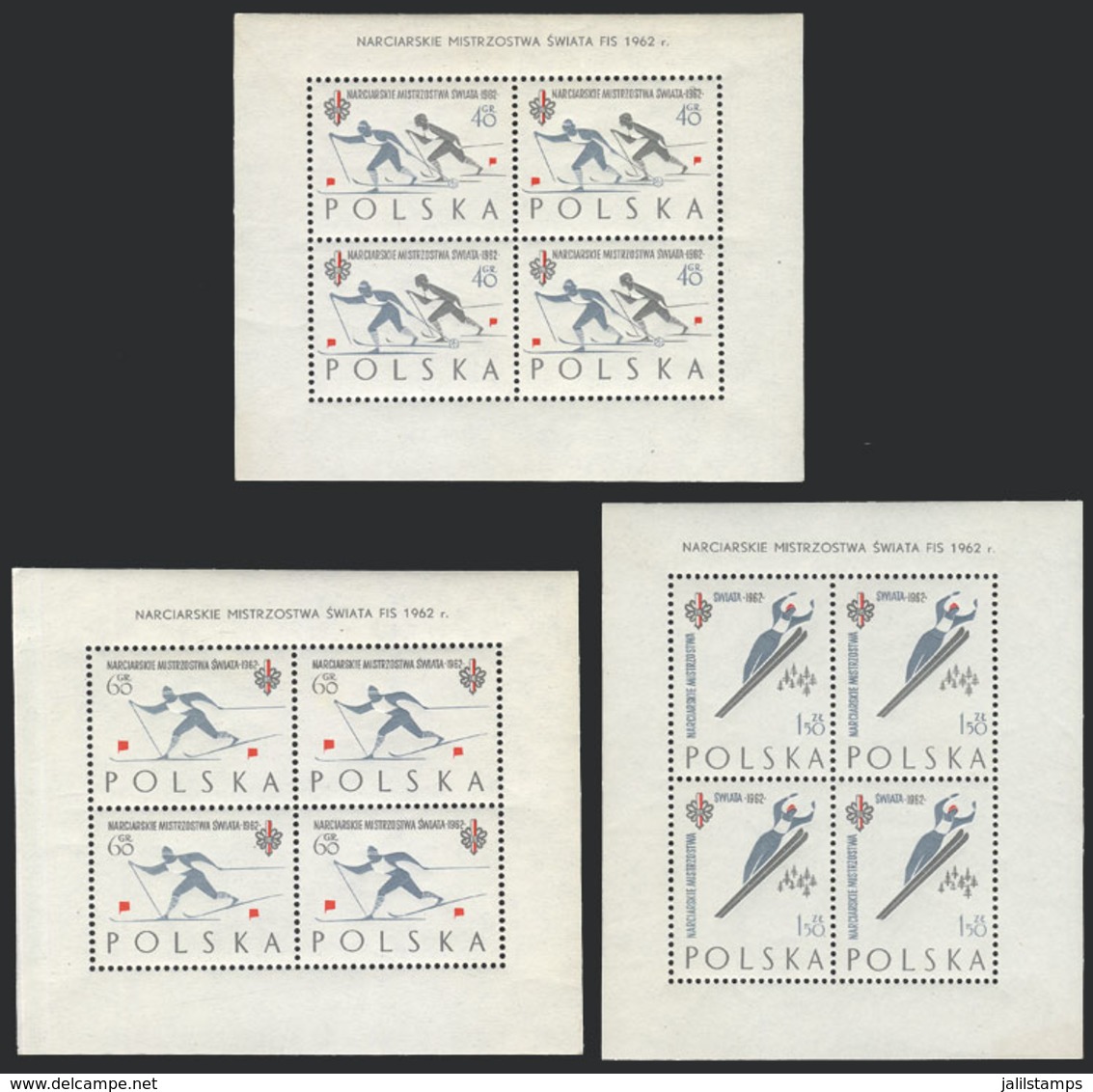 POLAND: Yvert 28/30, 1962 Winter Sports, Cmpl. Set Of 3 MNH Souvenir Sheets, Excellent Quality! - Other & Unclassified