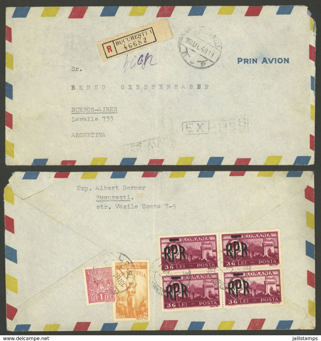 ROMANIA: Registered And Express Airmail Cover Sent From Bucharest To Argentina With Nice Franking On Back, Very Attracti - Other & Unclassified