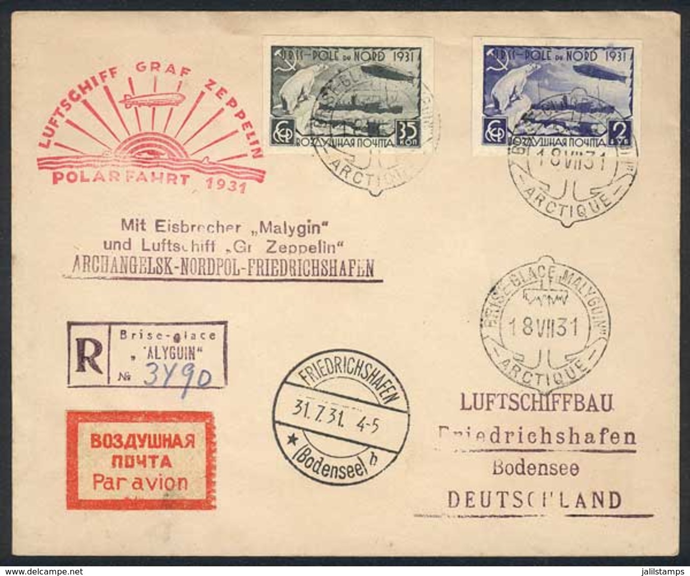 RUSSIA: Cover Franked By Sc.C27 + C29, Flown By Zeppelin To The North Pole, With Postmark Of Icebreaker Malyguin For 18/ - Otros & Sin Clasificación