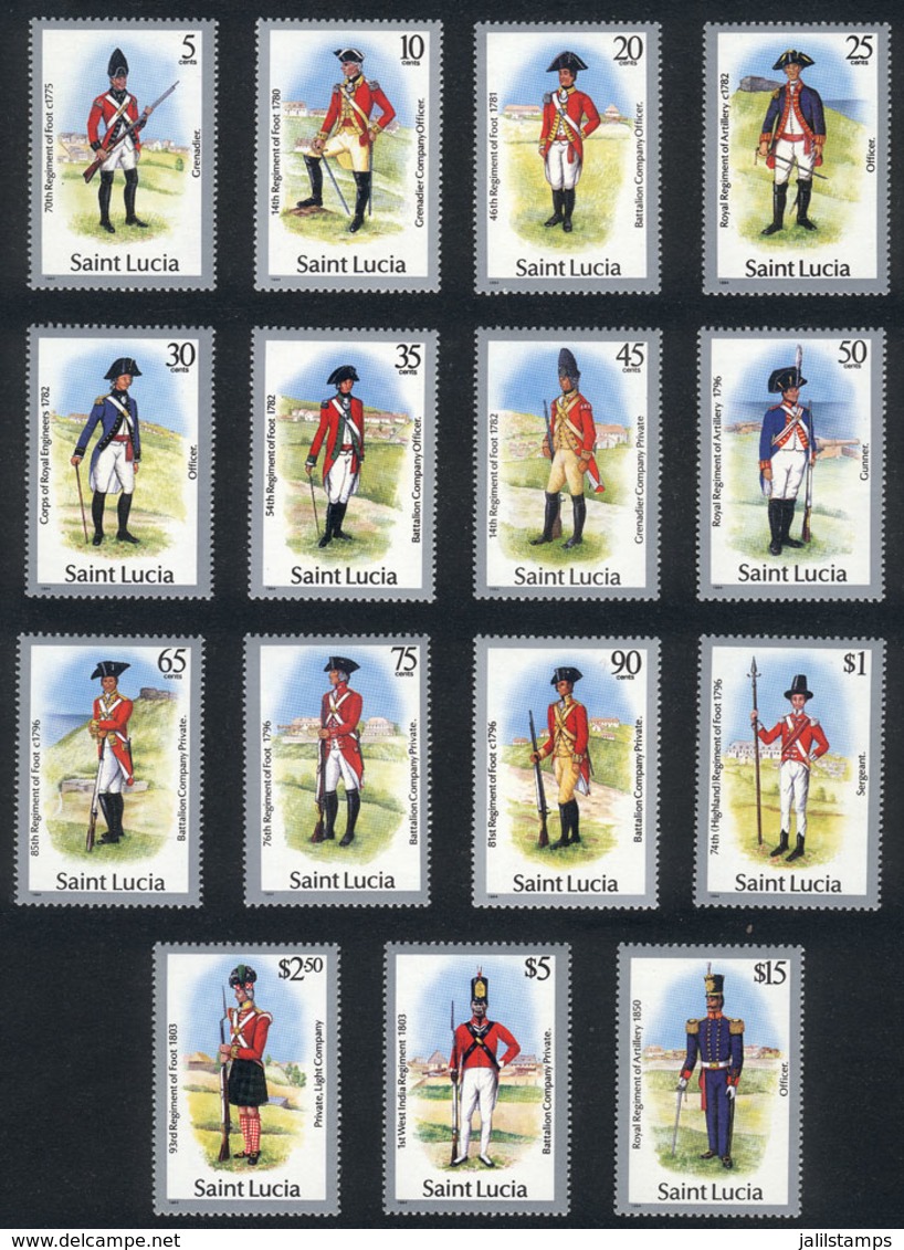 SAINT LUCIA: Sc.747/761, Military Uniforms, Complete Set Of 15 Unmounted Values, Excellent Quality! - St.Lucia (...-1978)