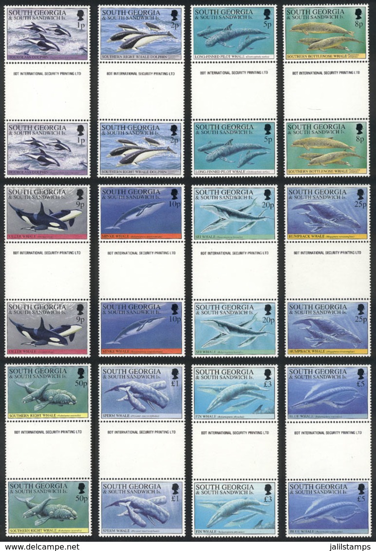 SOUTH GEORGIA: Yvert 235/246, 1994 Whales And Dolphins, Complete Set Of 12 Values In Gutter Pairs, MNH, Excellent Qualit - South Georgia