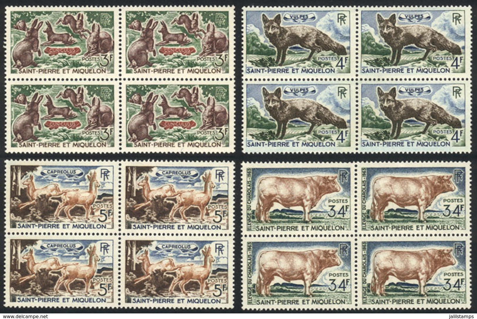 ST. PIERRE ET MIQUELON: Yvert 372/375, 1964 Animals, Compl. Set Of 4 Values In Blocks Of 4, MNH, Excellent Quality, Cata - Other & Unclassified