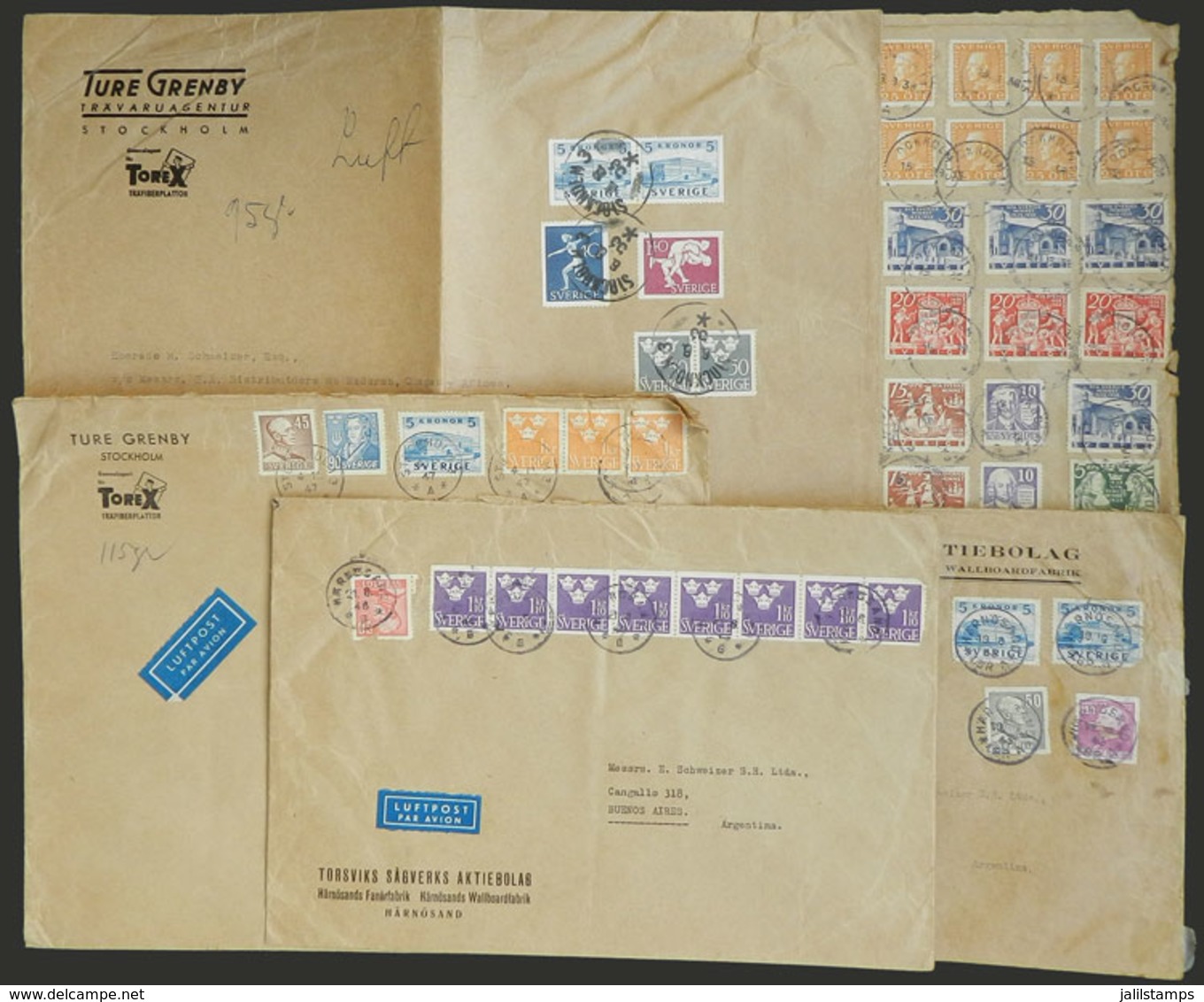 SWEDEN: 4 Covers + 1 Front Sent To Argentina Between 1938 And 1953 With Interesting Postages, Mixed Quality, Some With D - Other & Unclassified