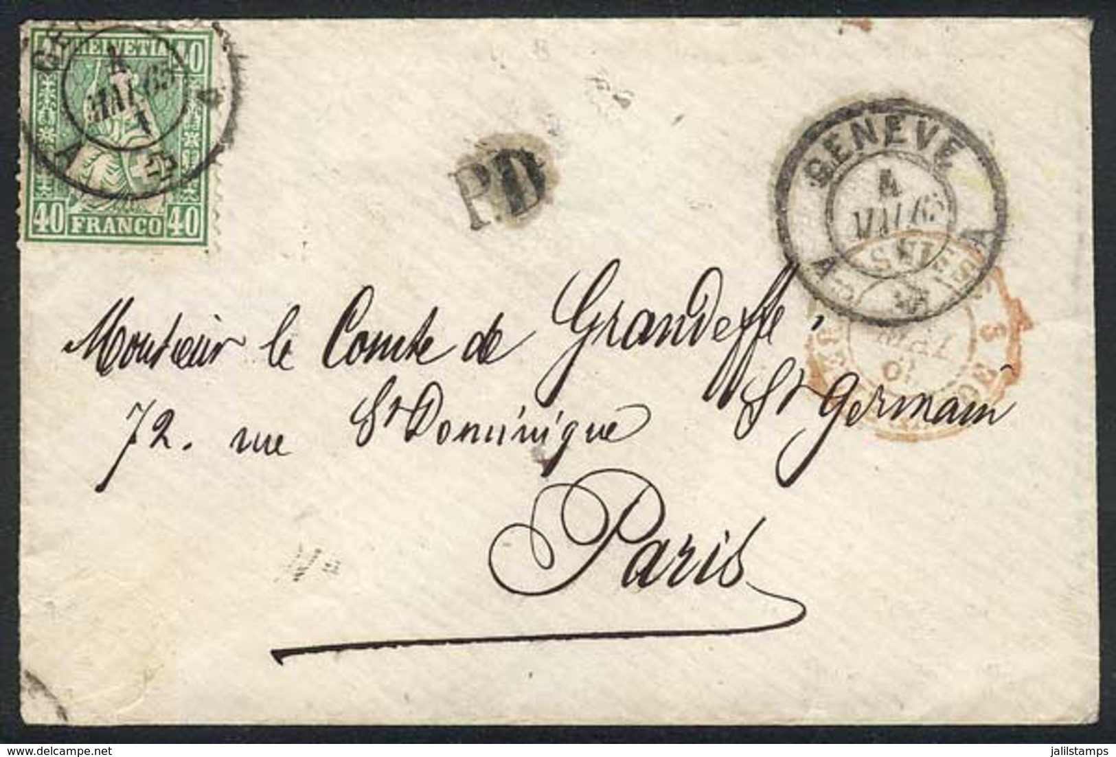 SWITZERLAND: Cover Franked By Sc.47, Sent From Geneve To Paris On 1/MAY/1865, VF Quality! - Other & Unclassified