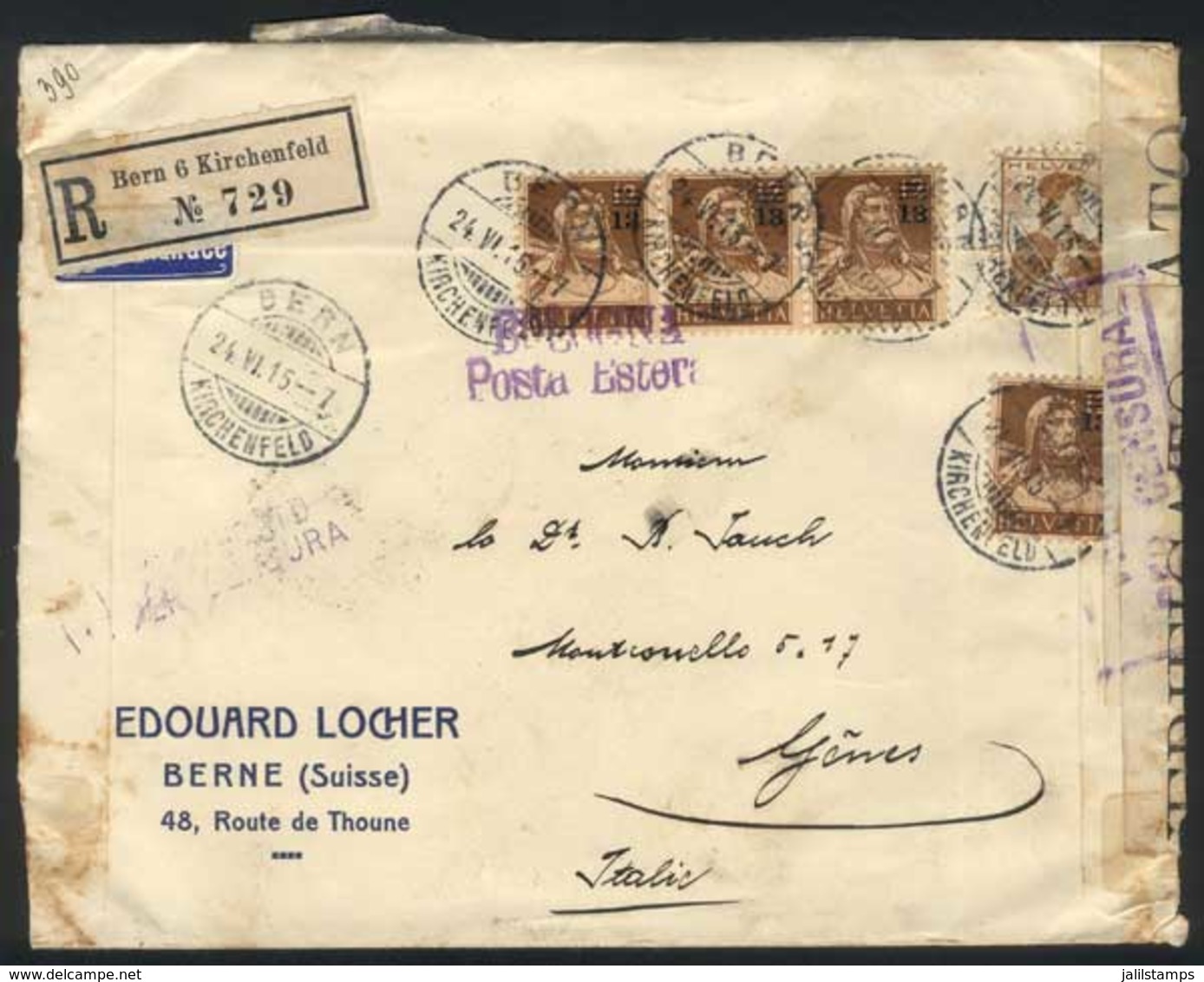 SWITZERLAND: Registered Cover Sent From Bern To Italy On 24/JUN/1915, Nice Postage, Censored, VF! - Other & Unclassified