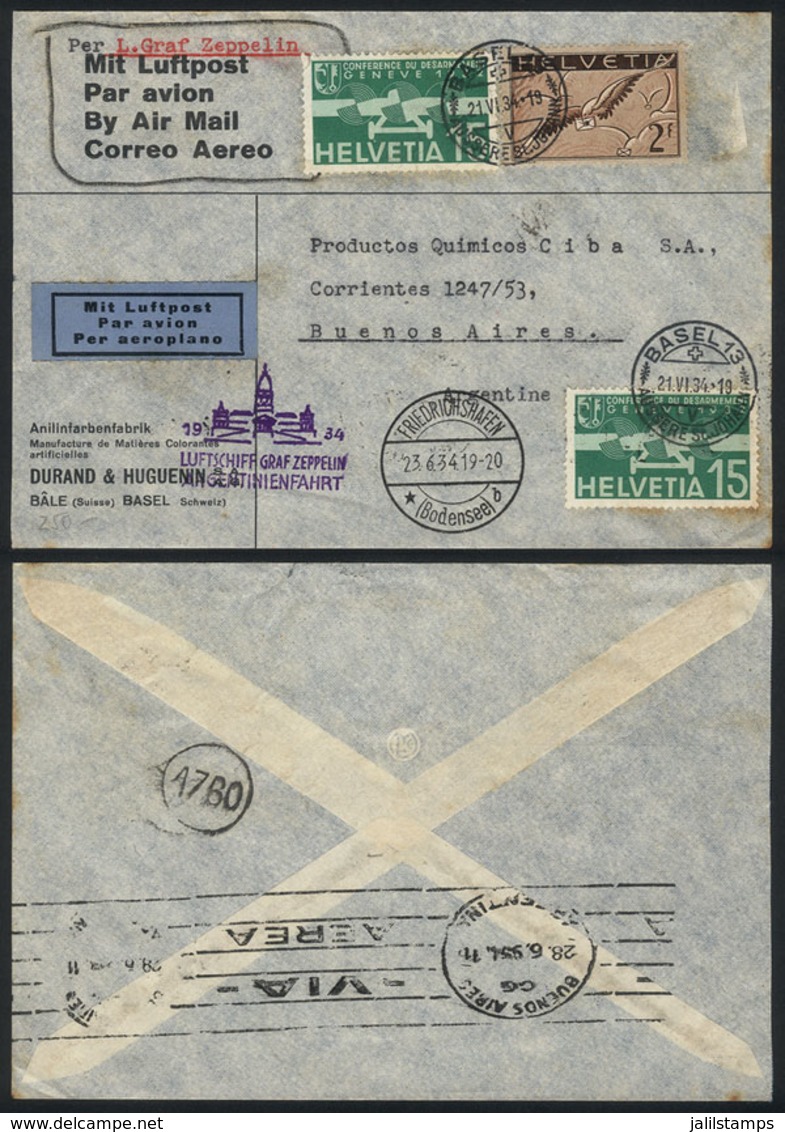 SWITZERLAND: Cover Sent By ZEPPELIN To Argentina On 21/JUN/1934, Franked With Fr.2.30, With Special Handstamp Of The Fli - Other & Unclassified