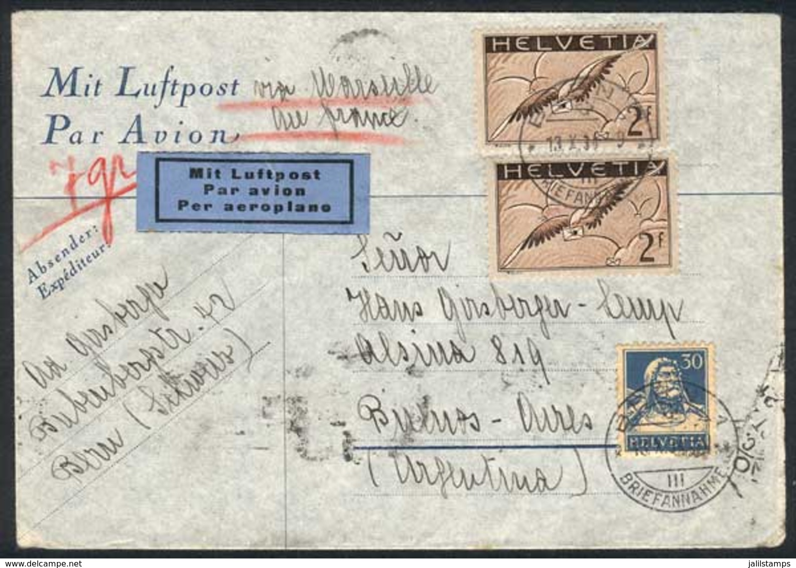 SWITZERLAND: 13/OC/1934 Bern - Buenos Aires: Cover Franked By Yv.A.15b (Zu.F13, 2Fr. NORMAL Paper) X2 + 30c., Sent Per A - Otros & Sin Clasificación