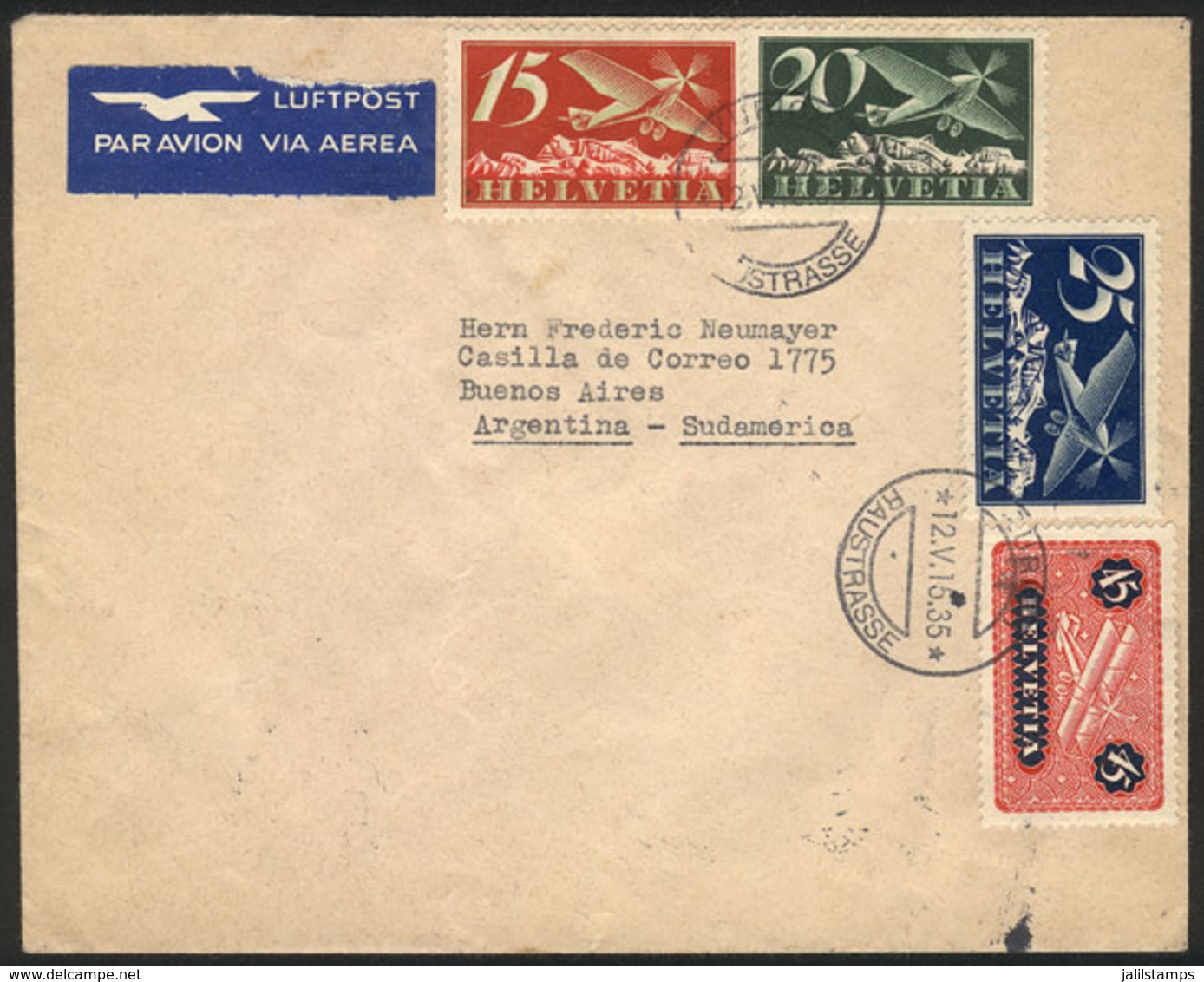 SWITZERLAND: Airmail Cover Sent From Zürich To Argentina On 12/MAY/1935 With Good Postage Of 4 Different Airmail Stamps, - Other & Unclassified