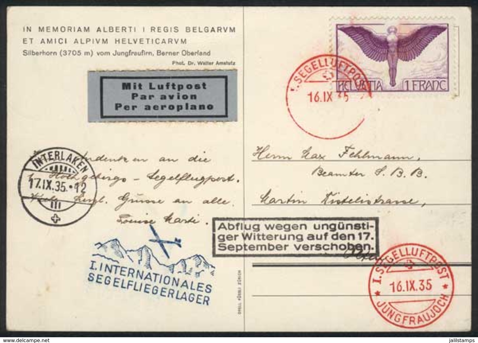 SWITZERLAND: 16/SE/1935 FIRST GLIDER FLIGHT Between Jungfraujoch And Interlaken, Excellent Quality! - Other & Unclassified