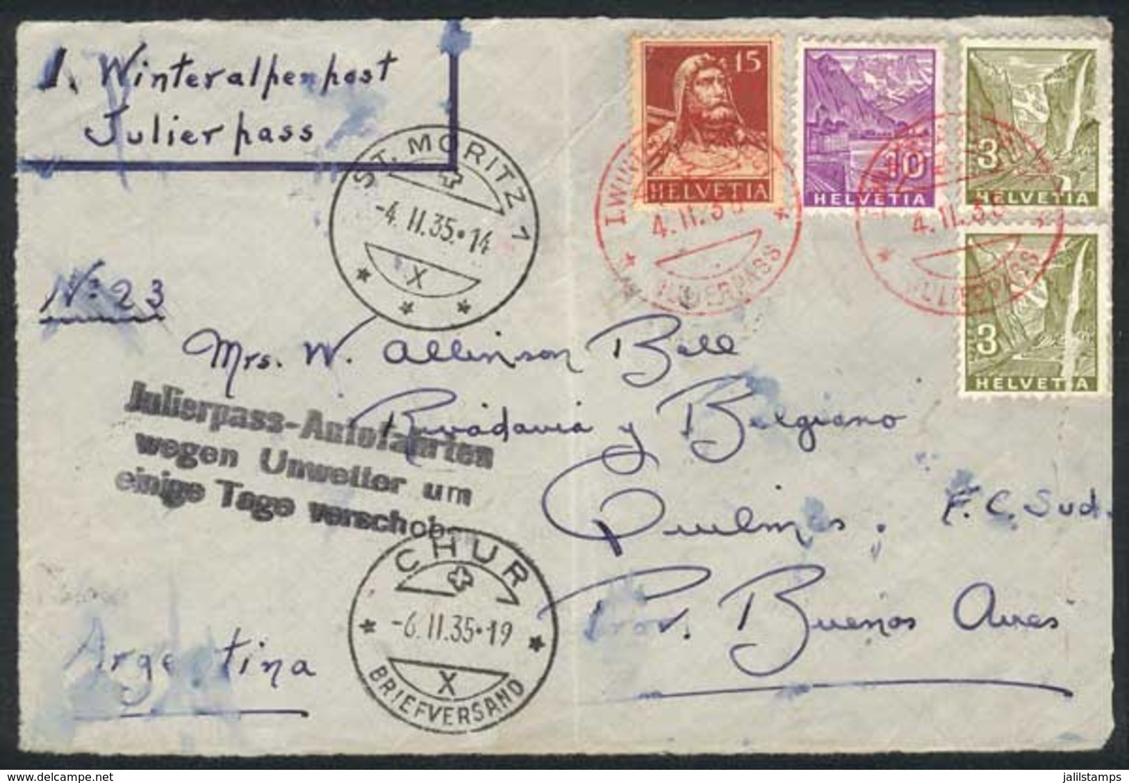 SWITZERLAND: 6/NO/1935 Alps FIRST WINTER Mail Via The Julier Pass: Front Of Cover Sent To Argentina, With Special Red Po - Other & Unclassified
