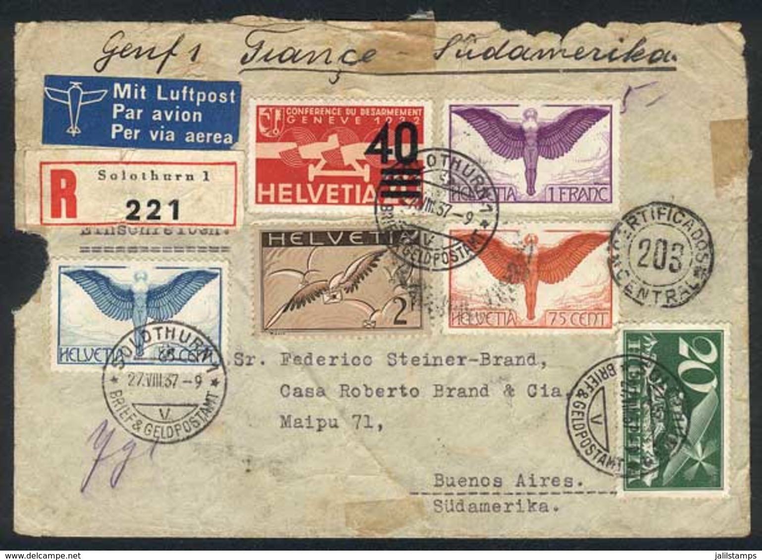 SWITZERLAND: Registered Cover With Nice Postage Of 5Fr. (Scott C11a + Other Values, US$175+) Sent From Solothurn To Arge - Other & Unclassified