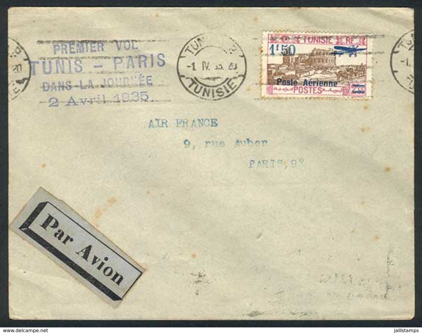 TUNISIA: 2/AP/1935: Cover Flown In The FIRST FLIGHT By Air France Between Tunisia And France, With Paris Arrival Backsta - Tunisia