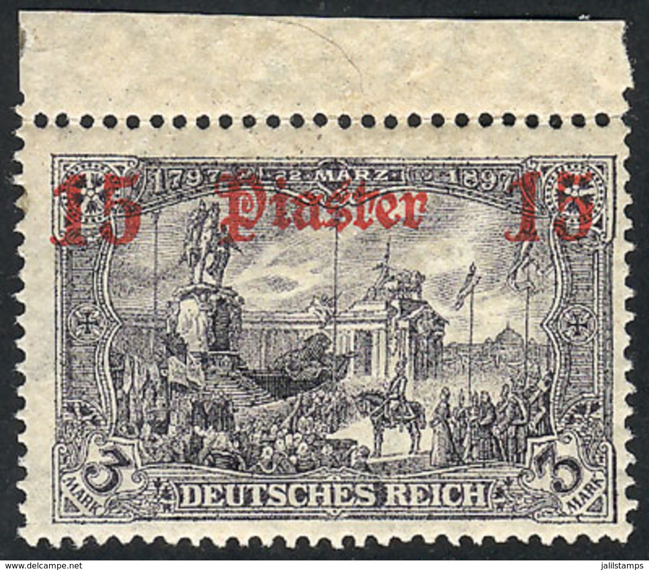 TURKEY - GERMAN OFFICES: Sc.53, 1906/12 15Pi. On 3Mk. With Watermark, MNH, Excellent Quality, Catalog Value US$290. - Turkey (offices)