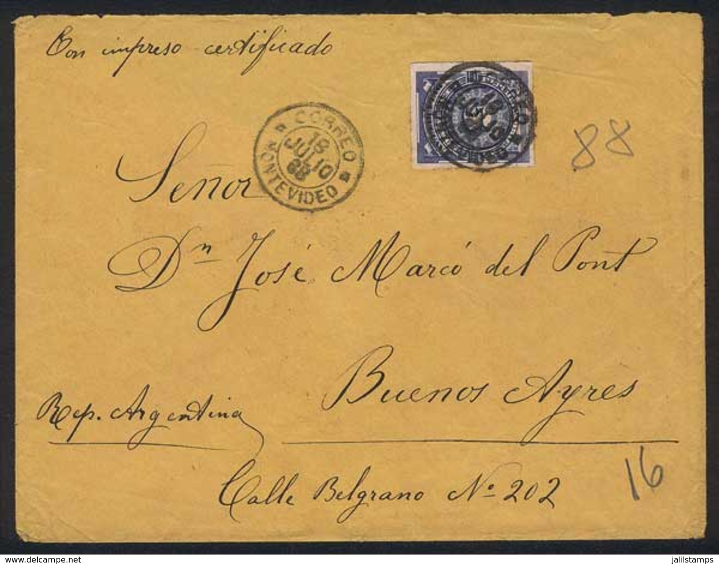 URUGUAY: Cover Franked By Sc.61, Sent From Montevideo To Buenos Aires On 18/JUL/1888, VF Quality! - Uruguay
