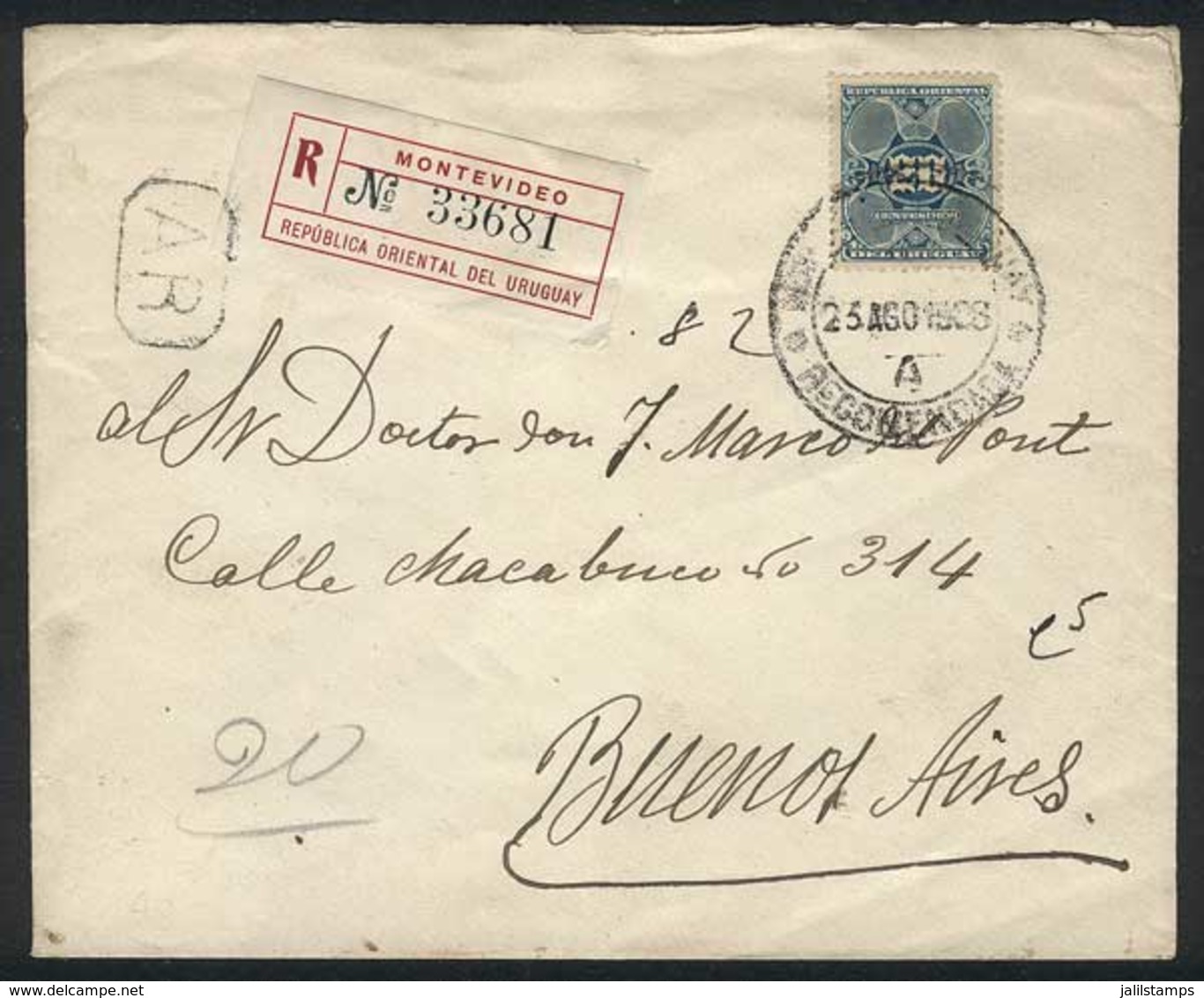 URUGUAY: Cover Franked By Sc.165, Sent From Montevideo To Buenos Aires On 23/AU/1908 By Registered Mail, VF Quality! - Uruguay
