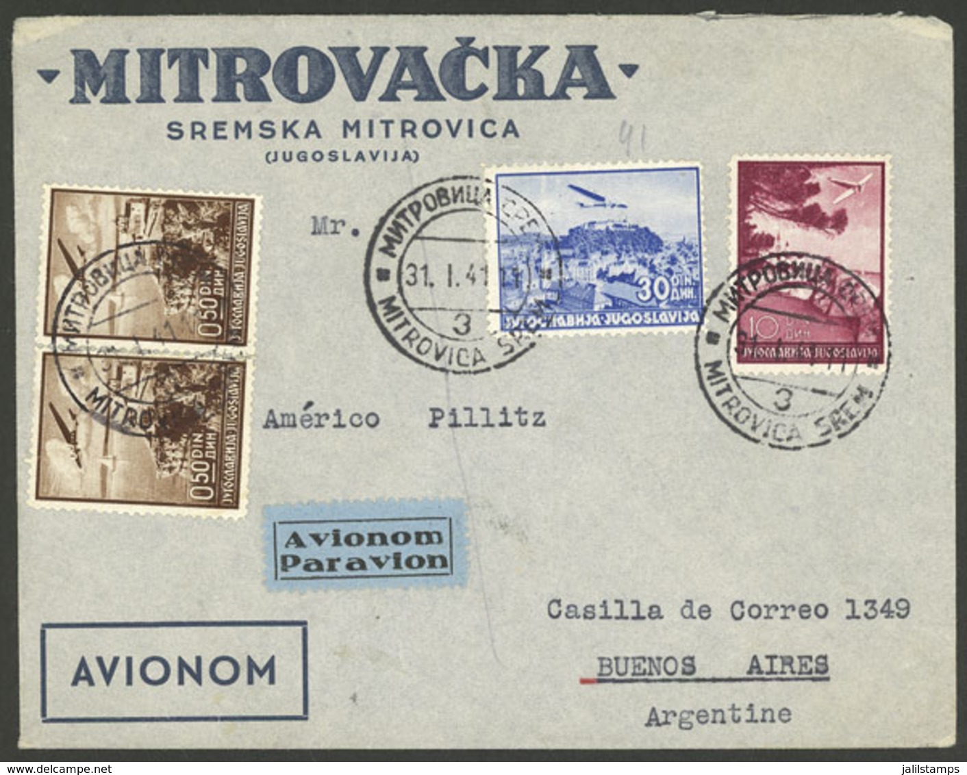 YUGOSLAVIA: Airmail Cover Sent From Sremska Mitrovica To Argentina On 31/JA/1941, Very Nice! - Autres & Non Classés