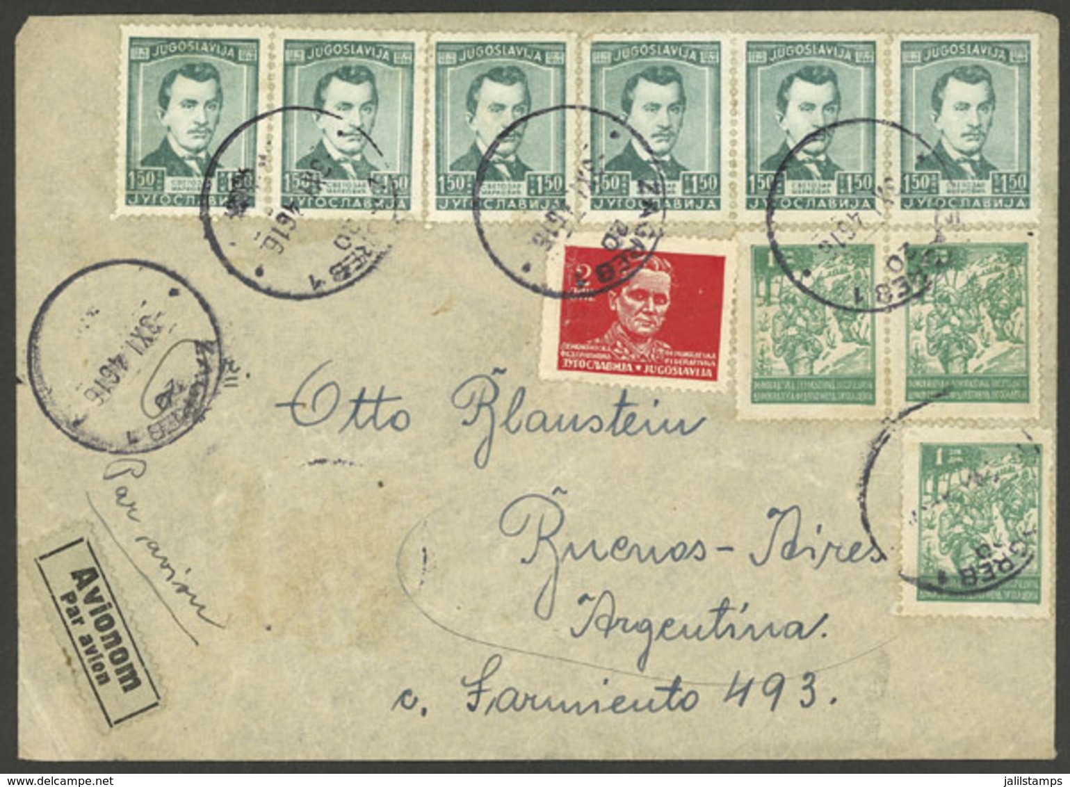 YUGOSLAVIA: Airmail Cover Sent From Zagreb To Argentina On 3/NO/1946 With Colorful Franking, Minor Defects, Interesting! - Other & Unclassified