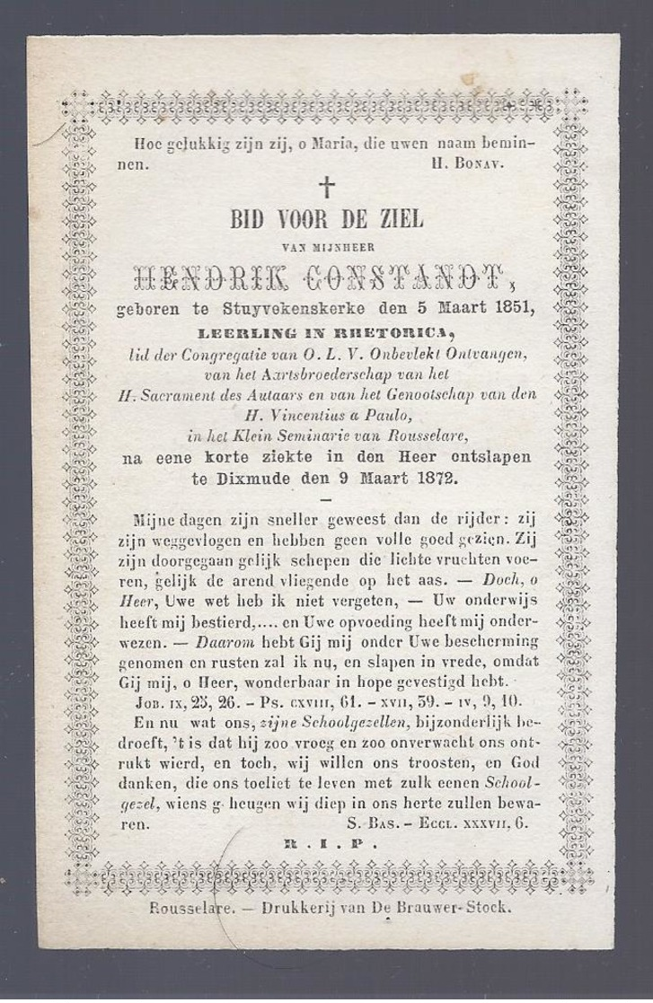 LIQUID. - 1€ !!!!!!! DOODSPRENTJE CONSTANDT LEERLING IN RHETORICA ° STUYVEKENSKERKE 1851 + DIXMUDE 1872 - Images Religieuses