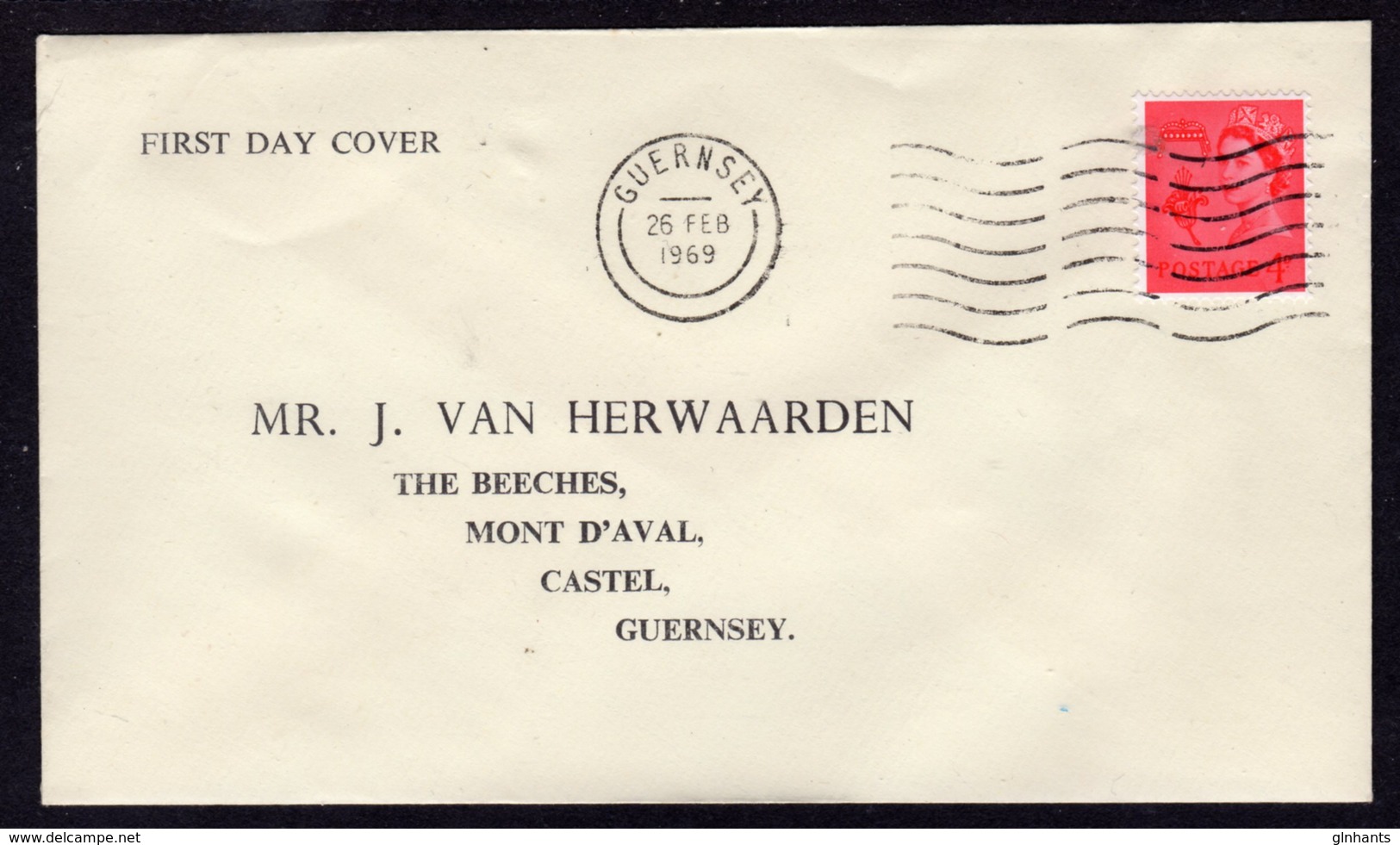 GB GUERNSEY - 1969 4d DEFINITIVE FDC FIRST DAY PREMIER JOUR WITH SG 11 FINE USED - Guernsey