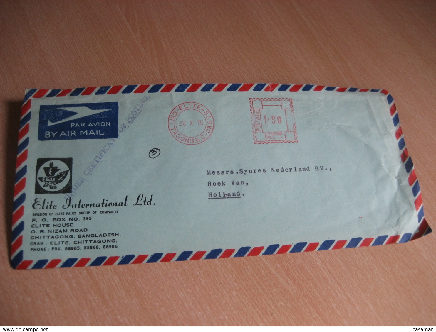 CHITTAGONG 1975 To Netherlands Elite Meter Mail Cancel Air Mail Cover BANGLADESH - Bangladesh