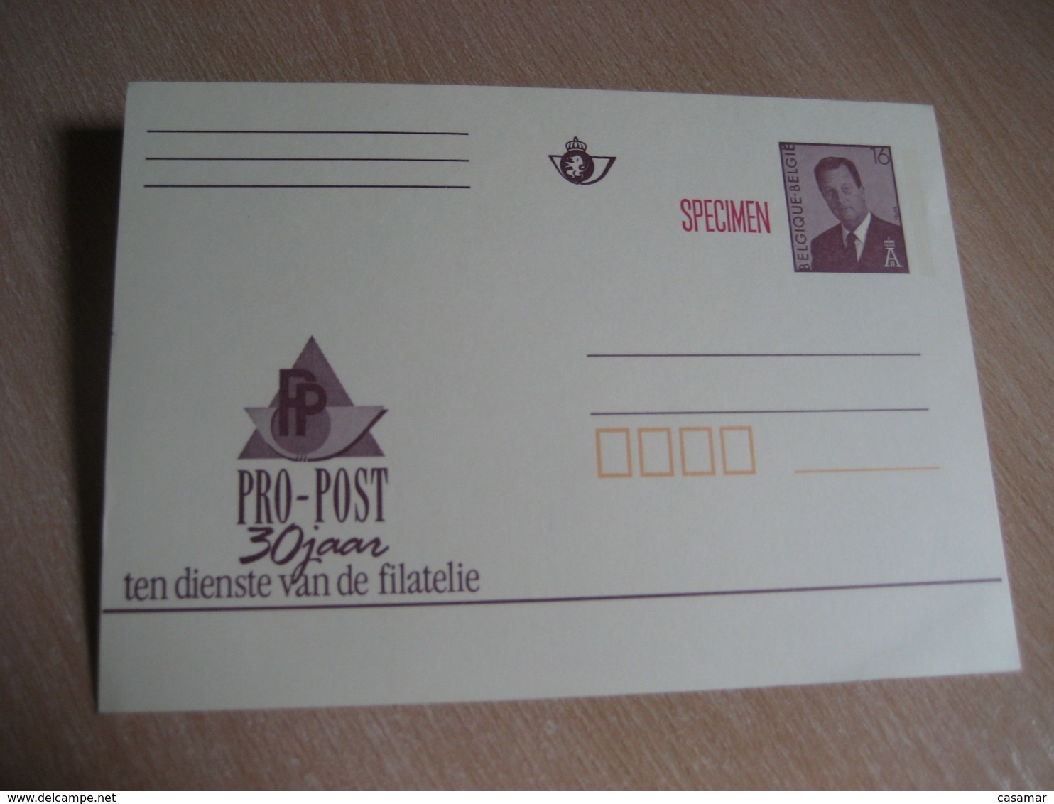 PP Pro-Post 30 Jaar SPECIMEN Postal Stationery Card BELGIUM - Illustrated Postcards (1971-2014) [BK]