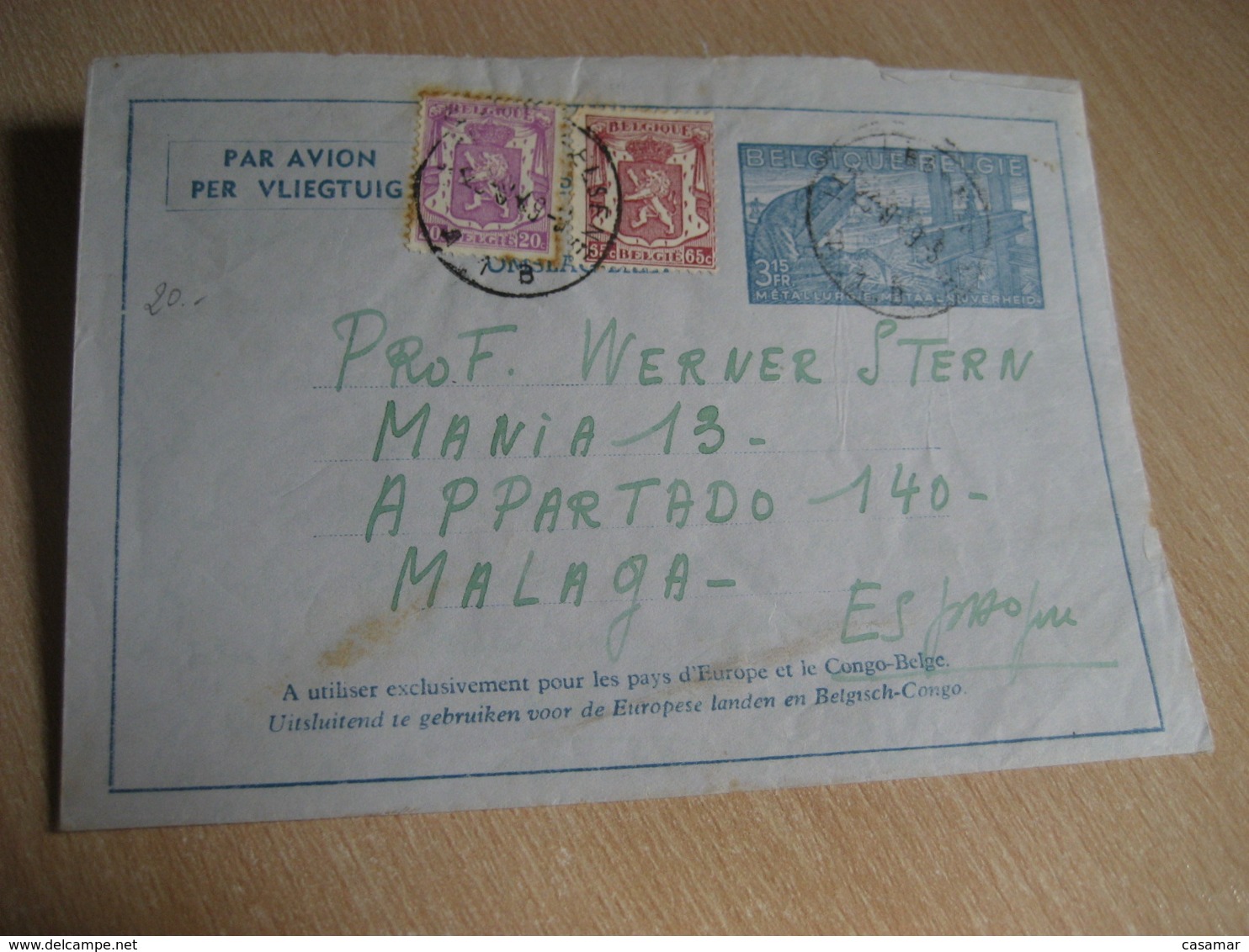 BRUXELLES 1949 To Malaga Spain 2 Stamp Cancel Aerogramme Air Letter BELGIUM - Aerograms