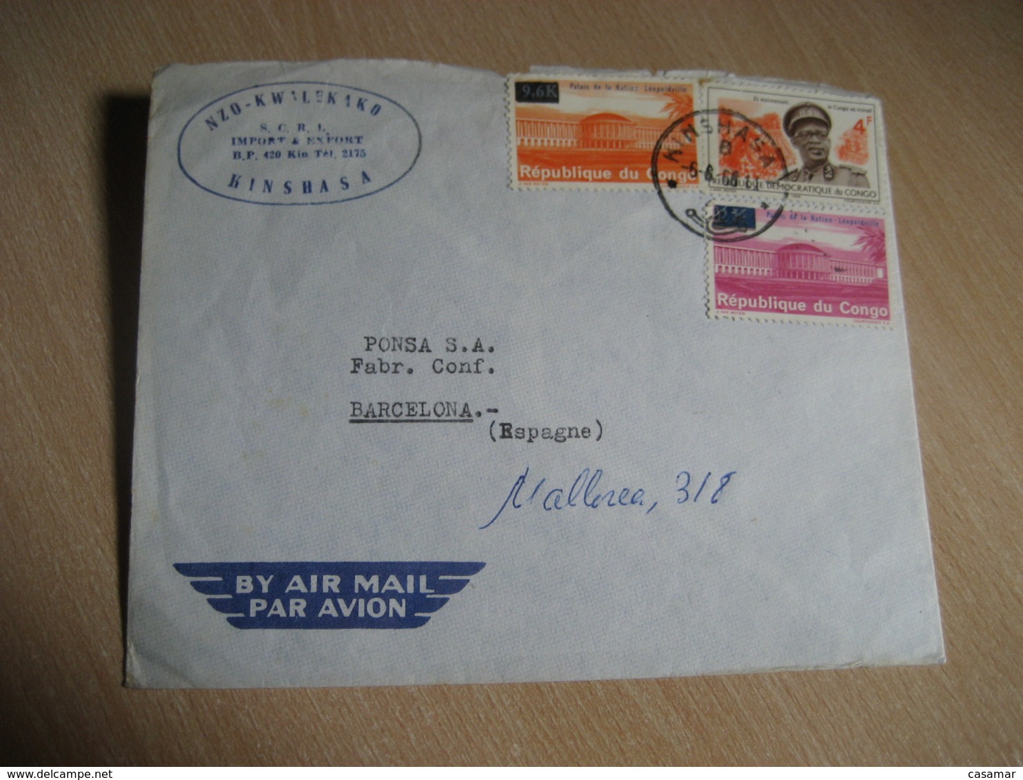 KINSHASA 1966 To Barcelona Spain 3 Stamp On Cancel Air Mail Cover CONGO Republique Democratique - Oblitérés