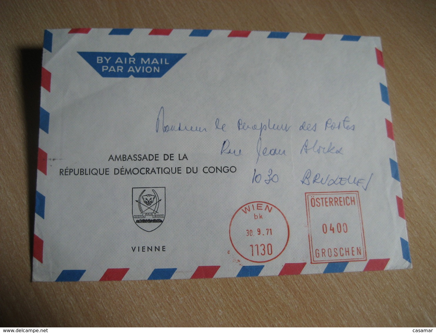 WIEN Austria 1971 To Bruxelles Belgium Ambassade Embassy Meter Mail Cancel Air Mail Cover CONGO Republique Democratique - Oblitérés