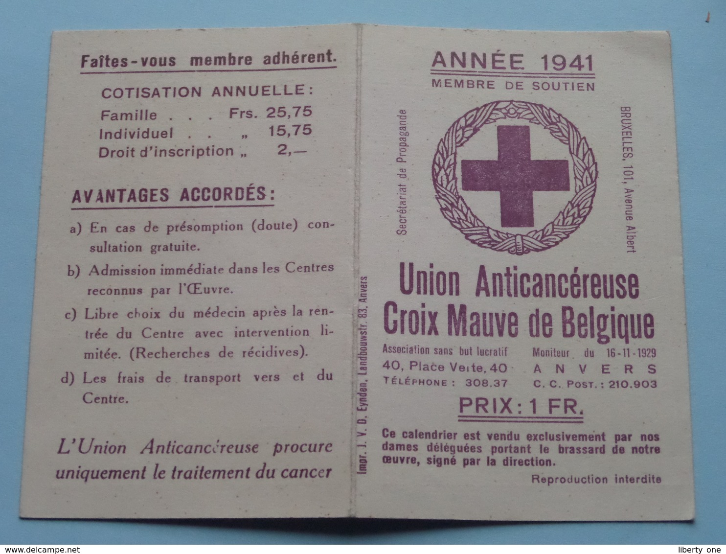 Union Anticancéreuse - CROIX MAUVE De BelgiqueAnnée 1941 ( Zie Foto's ) Anti KANKER ! - Petit Format : 1941-60