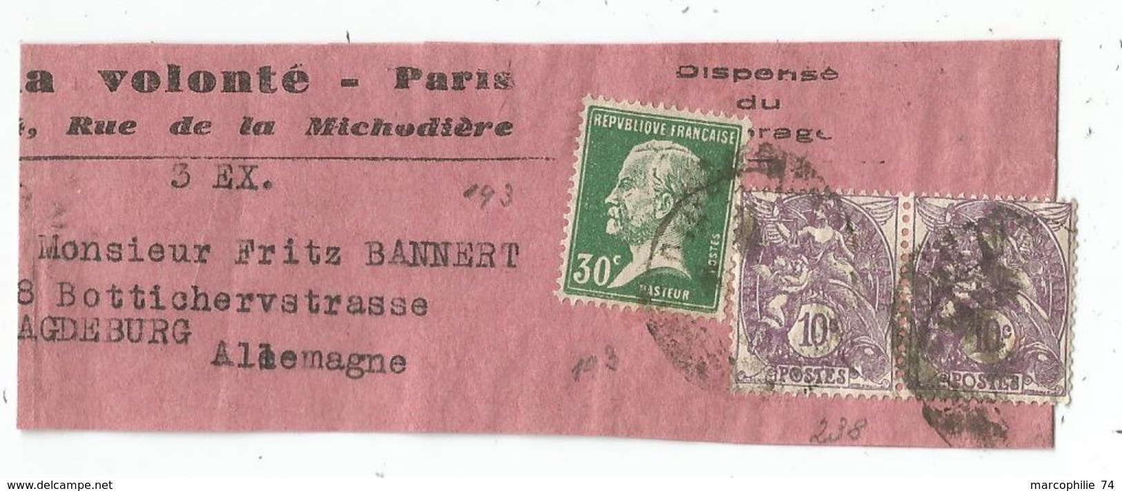 PASTEUR 30C VERT +10C BLANCX2  BANDE COMPLETE ?? POUR ALLEMAGNE  AU TARIF - 1922-26 Pasteur