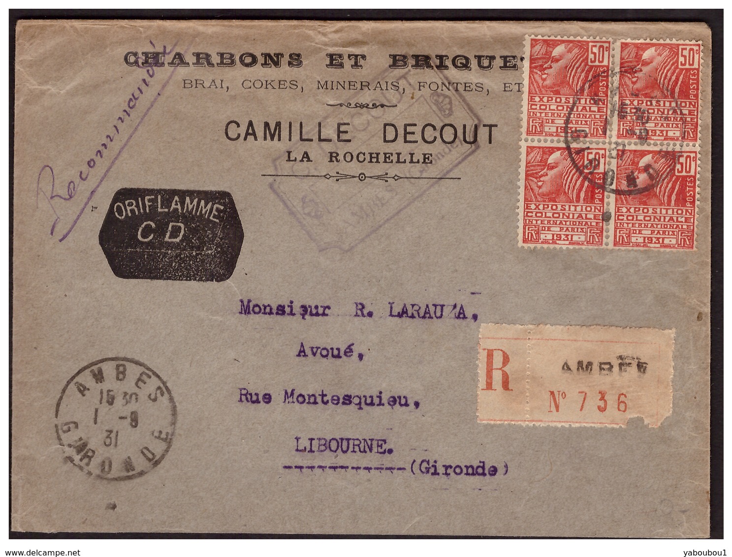 Bloc De 4  Du N°272 Sur Lettre Rec. D' AMBES Pour LIBOURNE Du 1.8.31. - Lettres & Documents