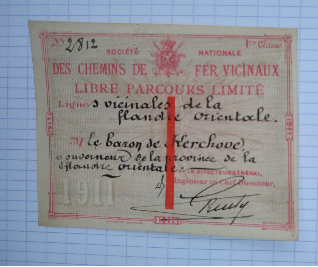 1911 Chemin De Fer Vicinaux Billet Libre Parcours Flandre Orientale SNCV Baron De Kerchove Gouverneur Gand - Europe
