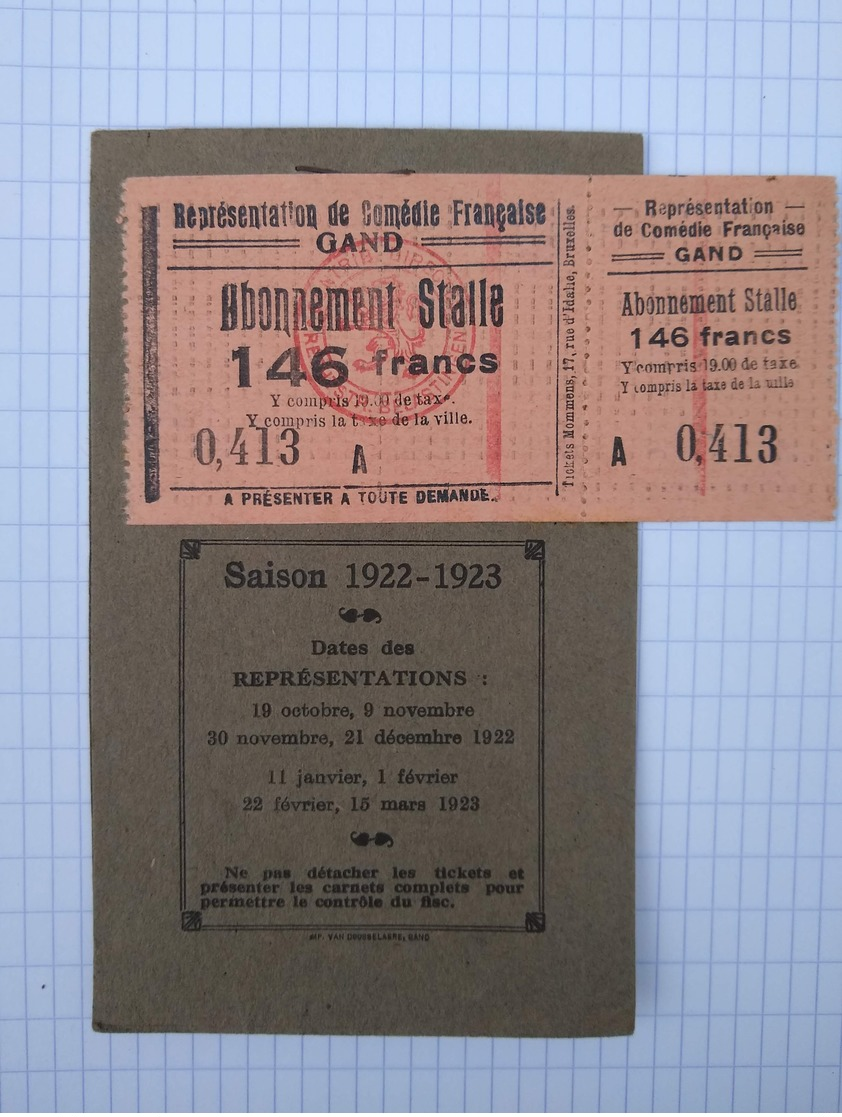 Abonnement Stalle Comédie Française Gand Gent Belgique 1922 Vignette Quitance - Tickets - Vouchers