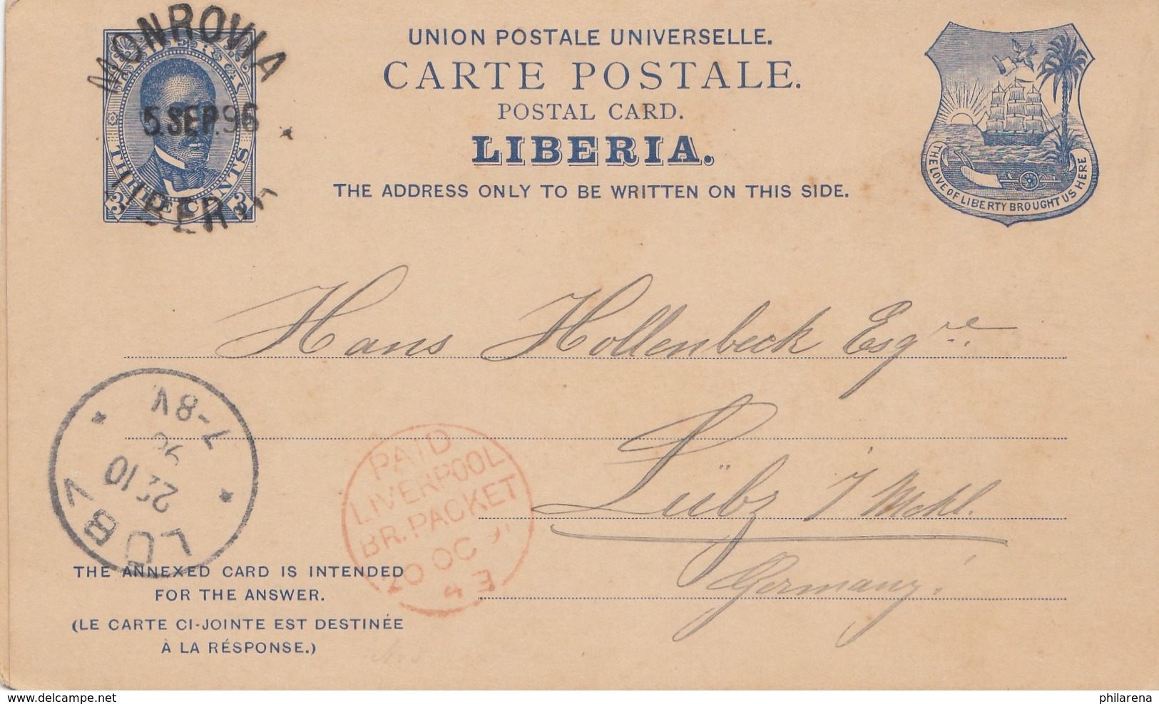 Liberia: 1896:  Post Card Monrovia To Sülz, Paid Liverpool - Liberia