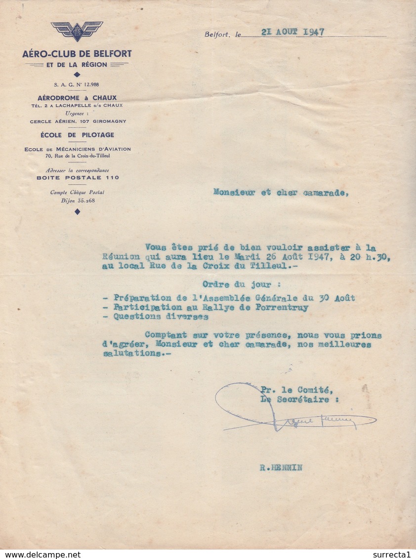 Courrier 1947 / Aéro-club Belfort / Aérodrome à Chaux 90 / Ecole Pilotage Et Mécaniciens D'Aviation / Rallye Porrentruy - 1900 – 1949