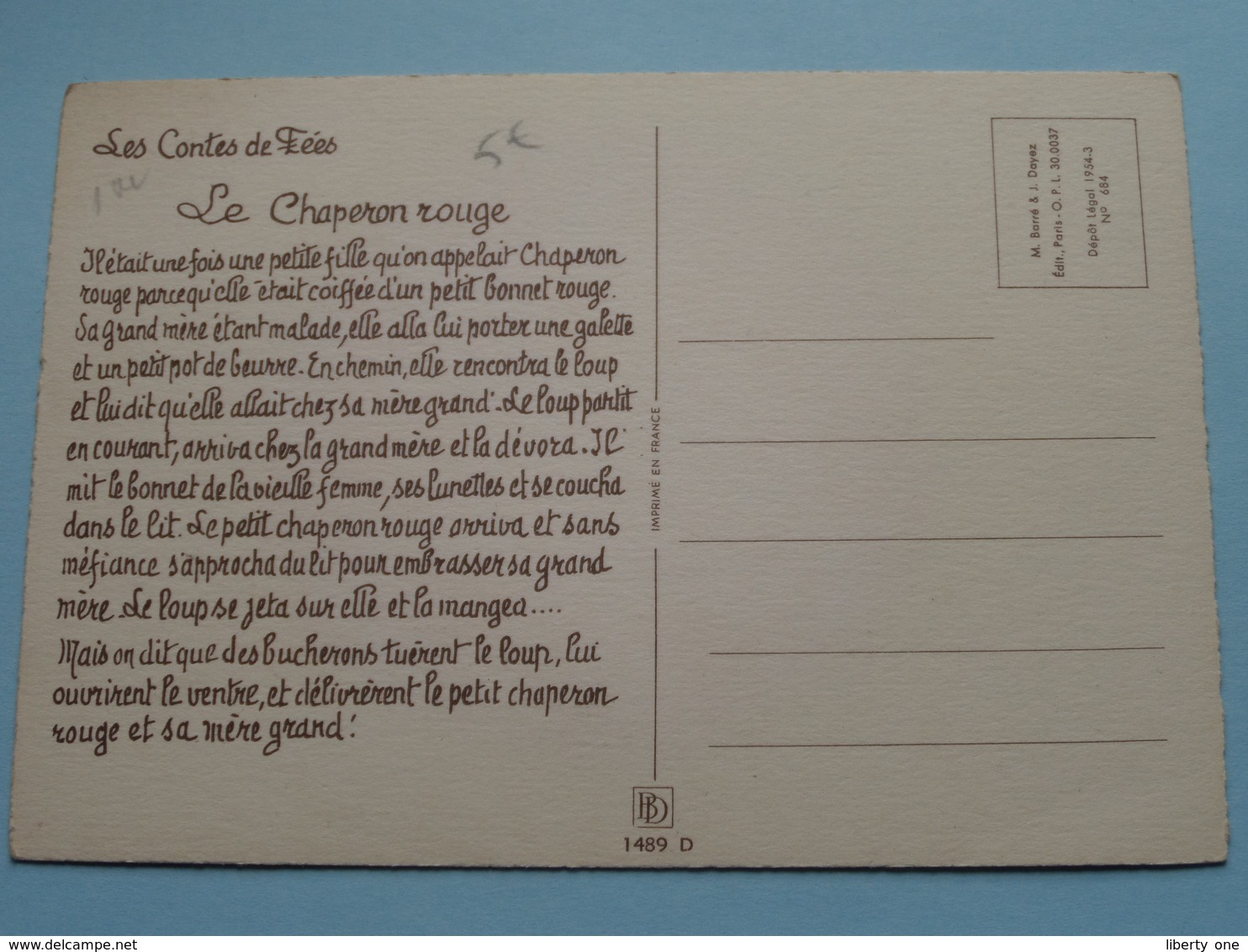 Le Petit Chaperon ROUGE ( Jack > BD 1489 D > Imp. France ) Anno 19?? ( Voir Photo ) ! - Contes, Fables & Légendes