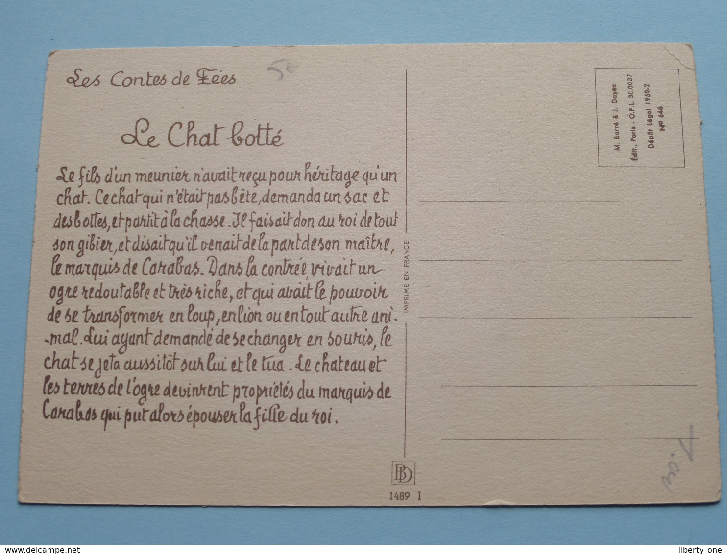 Le Chat Botté ( Jack > BD 1489 I > Imp. France ) Anno 19?? ( Voir Photo ) ! - Contes, Fables & Légendes